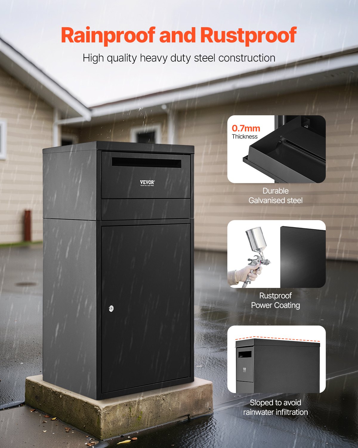 VEVOR Paketbriefkasten 500x325x909 mm, Paketkasten mit Schloss, Paketbriefbox aus verzinktem Stahl mit Diebstahlschutz-Design, Packstation für Zuhause und das Büro, Schwarz
