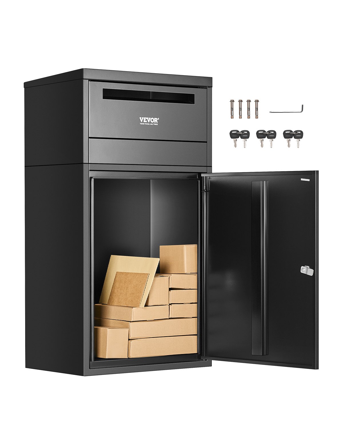 VEVOR Paketbriefkasten 500x325x909 mm, Paketkasten mit Schloss, Paketbriefbox aus verzinktem Stahl mit Diebstahlschutz-Design, Packstation für Zuhause und das Büro, Schwarz