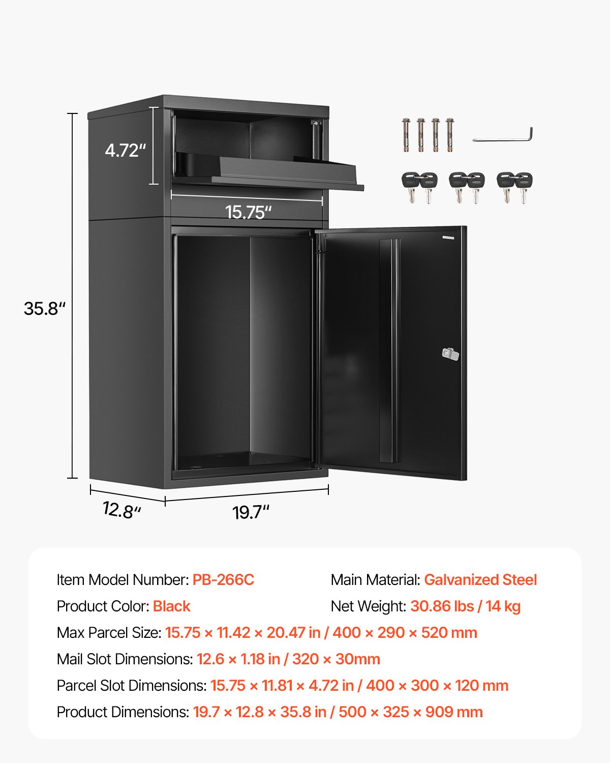 VEVOR Parcel Mailbox 500x325x909 mm, Parcel Box with Lock, Galvanized Steel Parcel Mailbox with Anti-Theft Design, Packstation for Home and Office, Black
