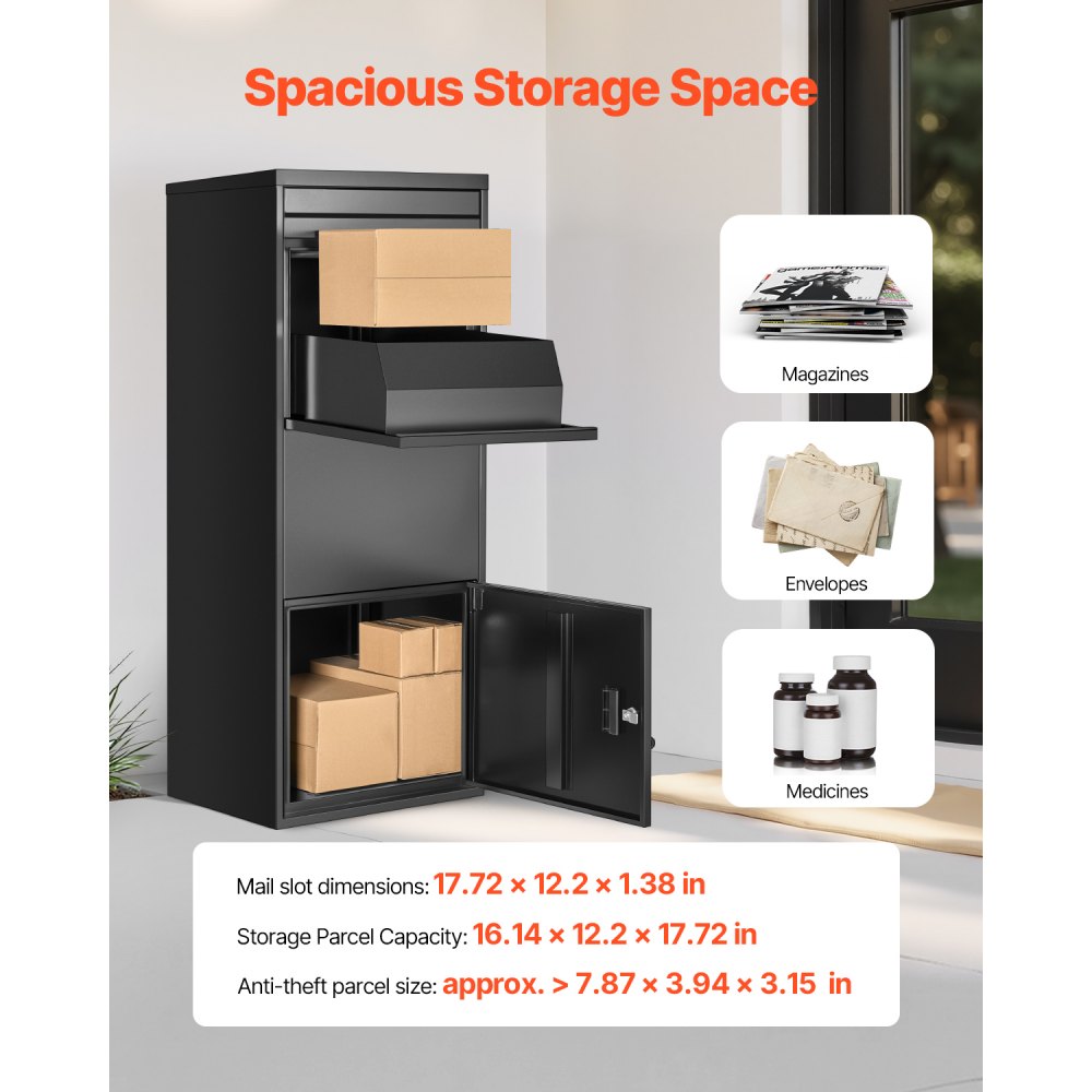 VEVOR Paketbriefkasten 1198x500x360 mm, Paketkasten mit Schloss, Paketbriefbox aus verzinktem Stahl mit Diebstahlschutzdesign, Packstation für Zuhause und das Büro, schwarz