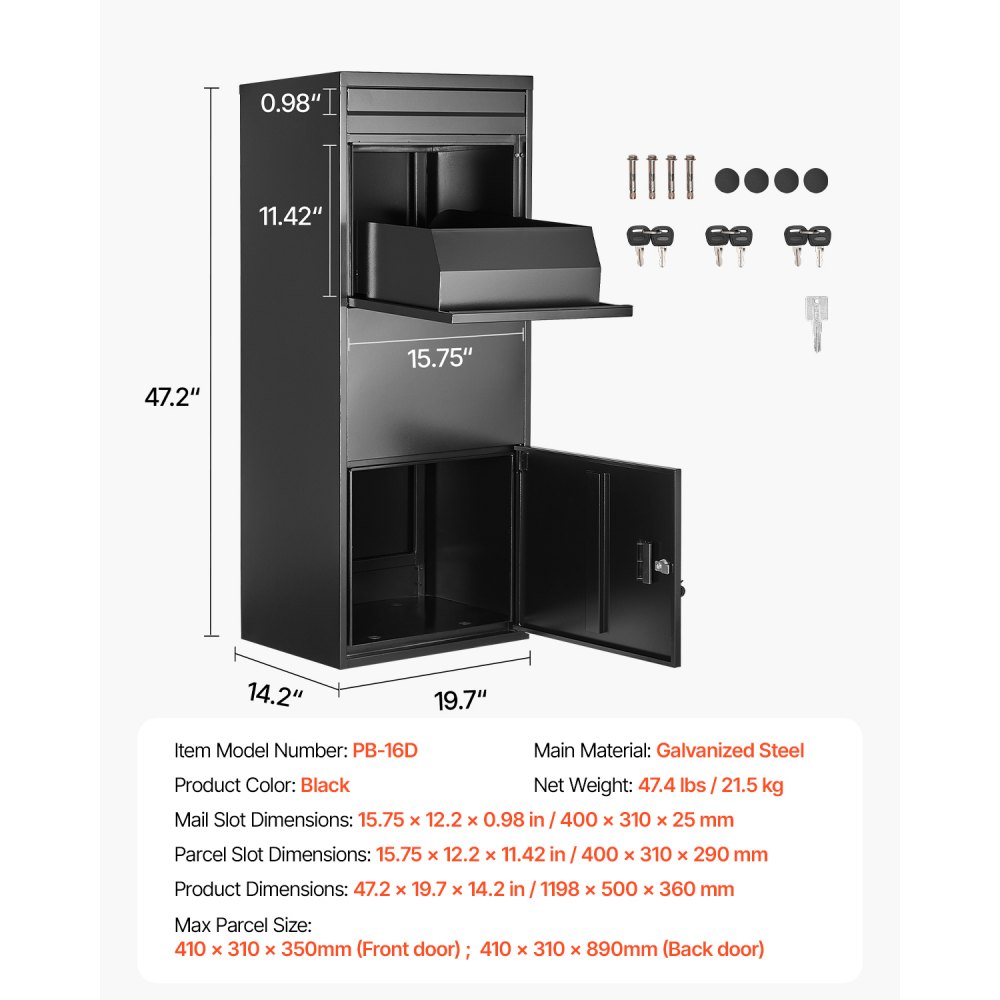 VEVOR Parcel Mailbox 1198x500x360 mm, Parcel Box with Lock, Galvanized Steel Parcel Mailbox with Anti-Theft Design, Packstation for Home and Office, Black