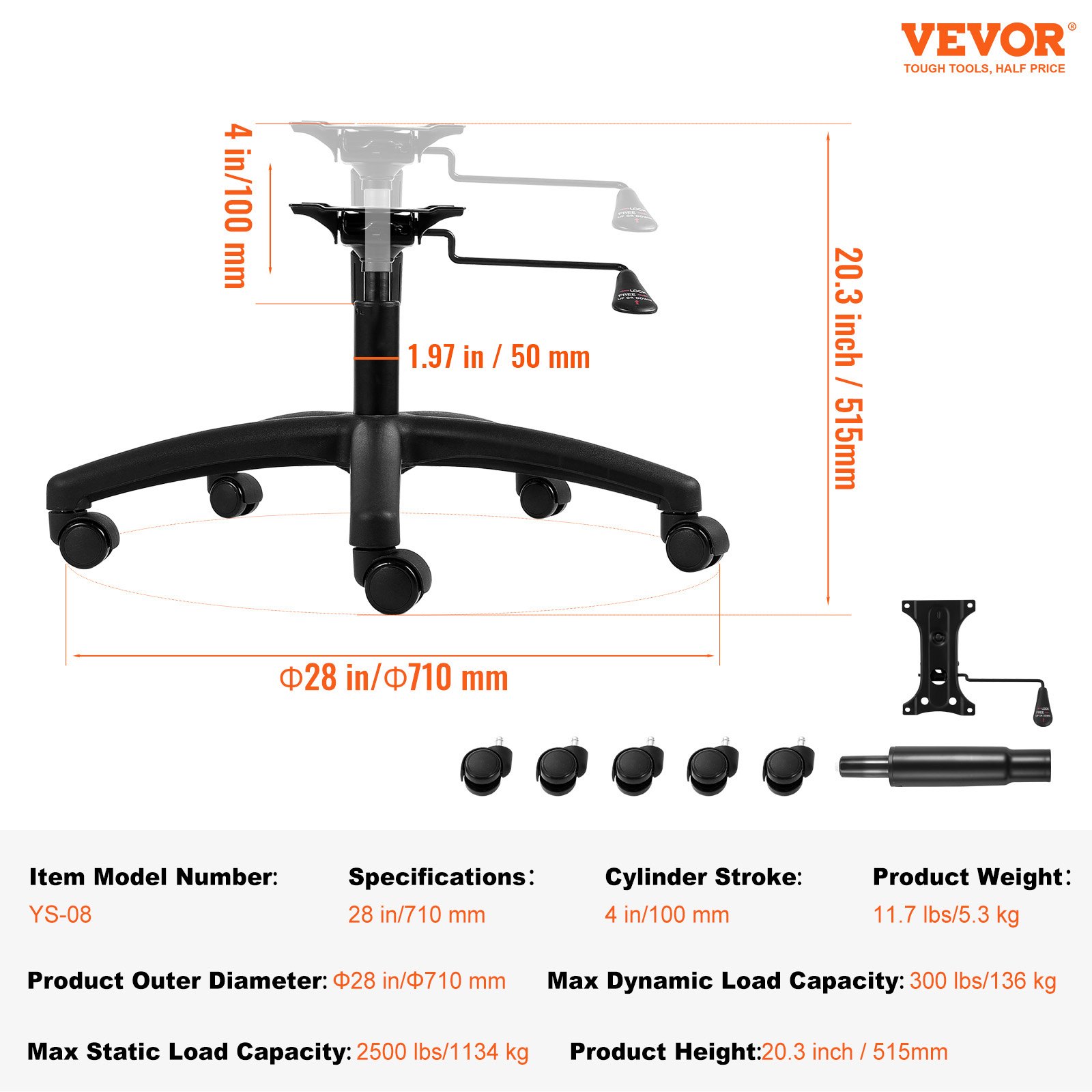 VEVOR Replacement Office Chair Base, 28 inch, 2500 lbs static load, heavy-duty universal computer desk chair stool base with 5 casters, gas cylinder and seat plate, replacement desk chair base, black