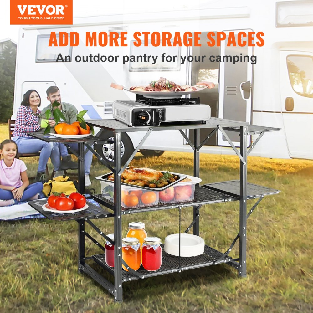 VEVOR Camping-Küchentisch, Aluminium, Faltbar, Tragbar, Outdoor-Kochstation mit 4 Eisenseiten, 2 Regalen und Tragetasche, Schnelle Installation für Picknick, Grillen, Strand, Reisen usw.