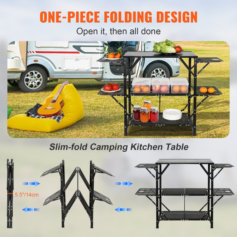 VEVOR Camping-Küchentisch, Aluminium, Faltbar, Tragbar, Outdoor-Kochstation mit 4 Eisenseiten, 2 Regalen und Tragetasche, Schnelle Installation für Picknick, Grillen, Strand, Reisen usw.