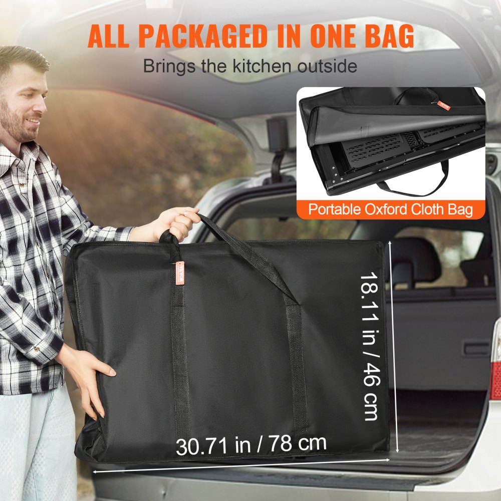VEVOR Camping-Küchentisch, Aluminium, Faltbar, Tragbar, Outdoor-Kochstation mit 4 Eisenseiten, 2 Regalen und Tragetasche, Schnelle Installation für Picknick, Grillen, Strand, Reisen usw.
