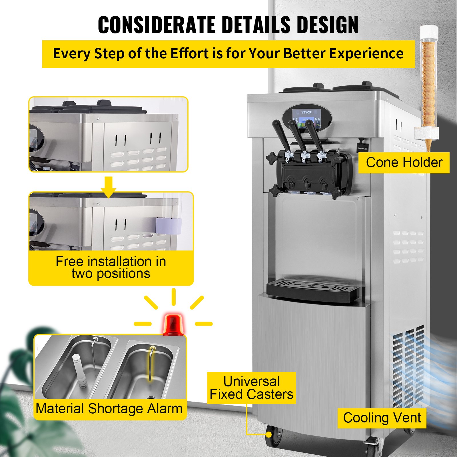 VEVOR Speiseeisbereiter Eismaschine Gastro Kommerziell Eismaschine Maschine mit LCD-Bildschirm und Waffeleiablage Ice Cream Maker 220V