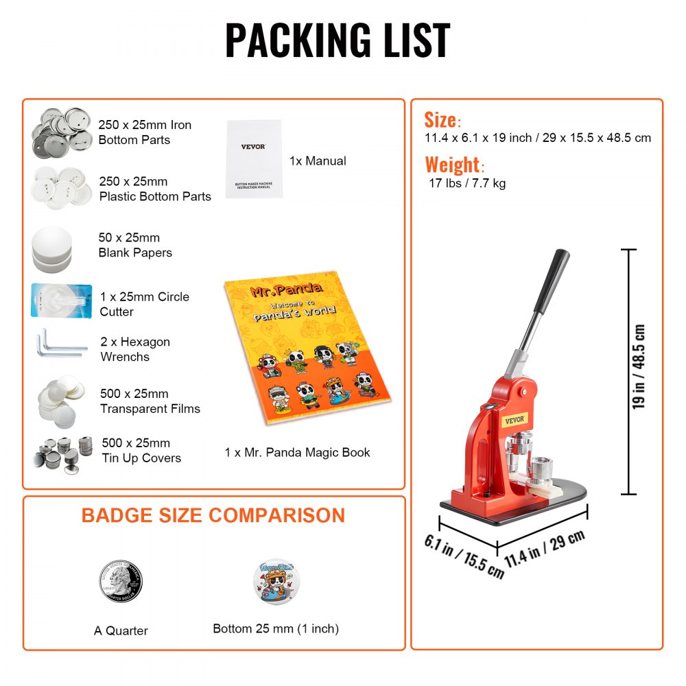 VEVOR Button Maker Maschine, 25 mm (1 Zoll) Badge Punch Press Kit, Kinder DIY Geschenke Pin Maker, Button Herstellung Zubehör mit 500 Stk. Button Teile & Kreisschneider & Zauberbuch