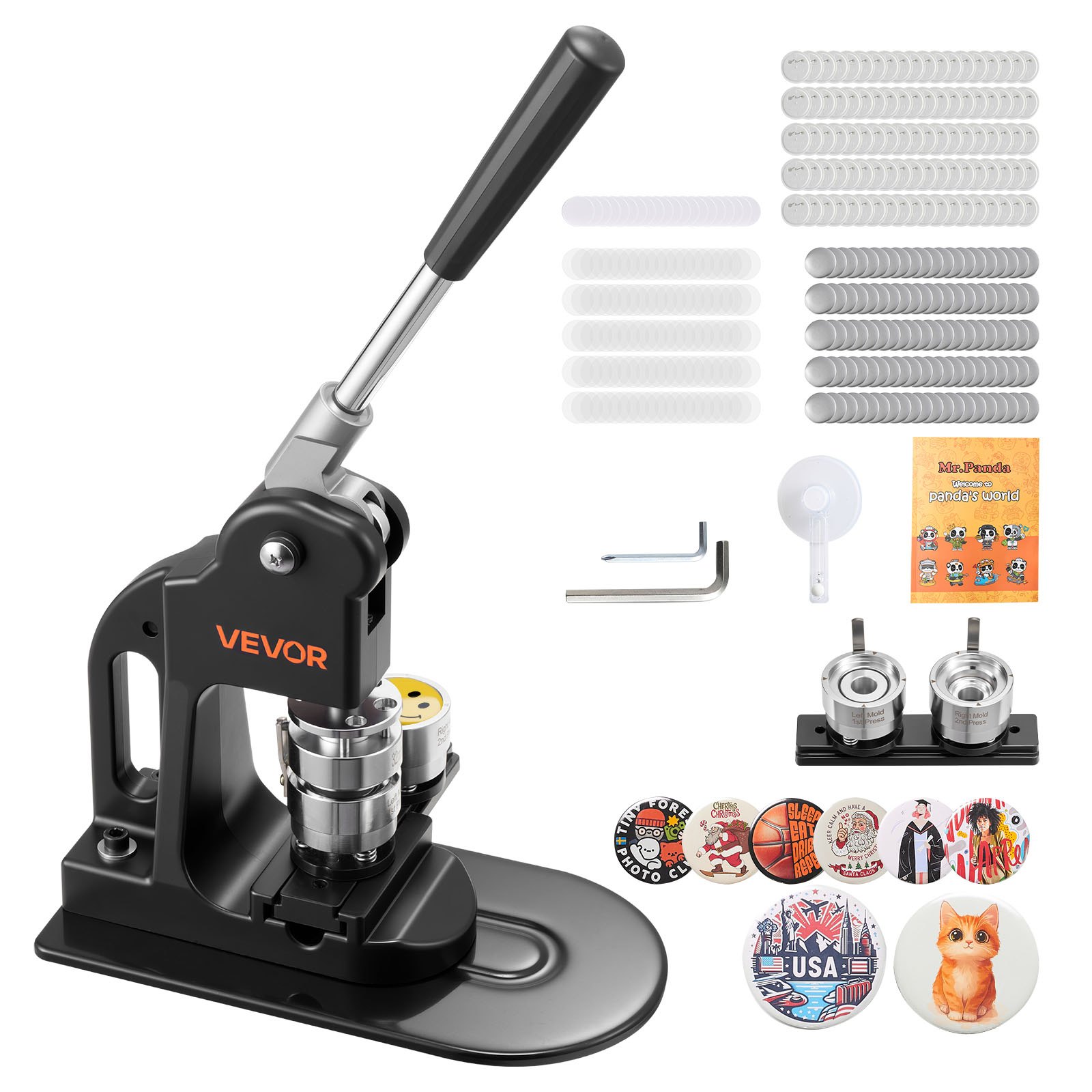 VEVOR Buttonmaschine 32 mm, Knopfmachermaschine mit 500 Buttonrohlingen & Kreisschneider & Sechskantschlüsseln & Anleitungsbuch & Ergonomischem Griff, für DIY Anstecknadeln Abzeichen Schwarz
