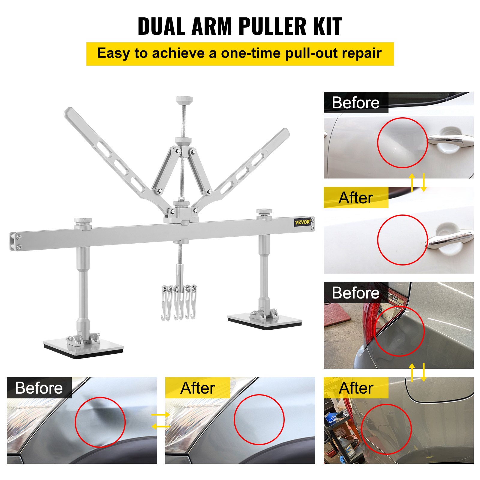 VEVOR dent puller set, suitable for dent pulling, made of aluminum and steel, with 6 claw hooks, 75 cm long dent remover rod for dent repair on car bodies