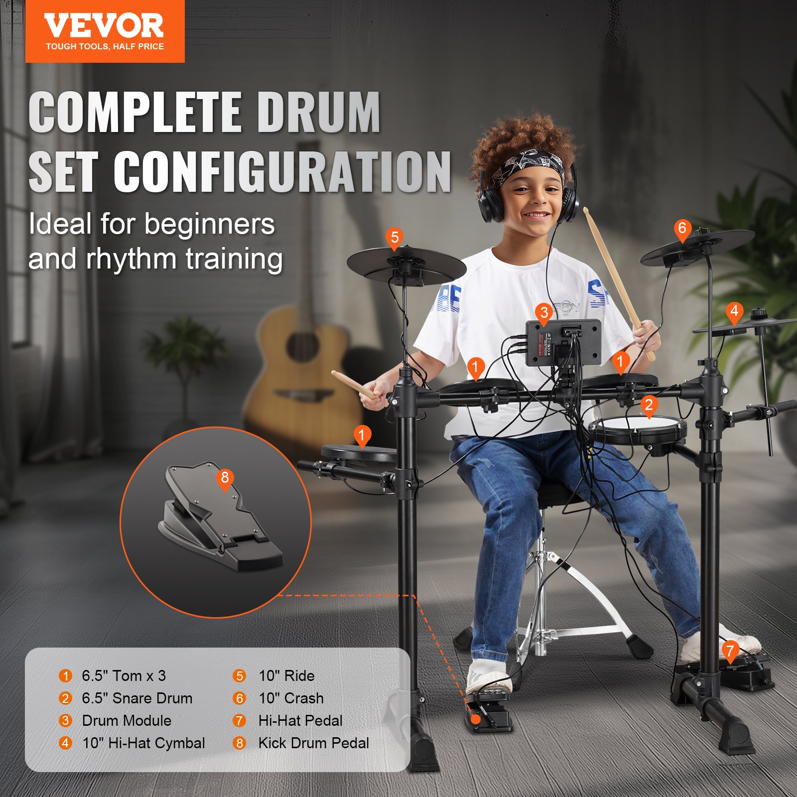 VEVOR E-Drum-Set, 15 Drum-Kits & 150 Sounds Elektronisches Schlagzeug, USB MIDI-unterstütztes 165,1 mm Mesh-Snare-E-Drum-Set mit 25,4 cm Becken, Drumsticks & Kopfhörer, für Anfänger & Erwachsene