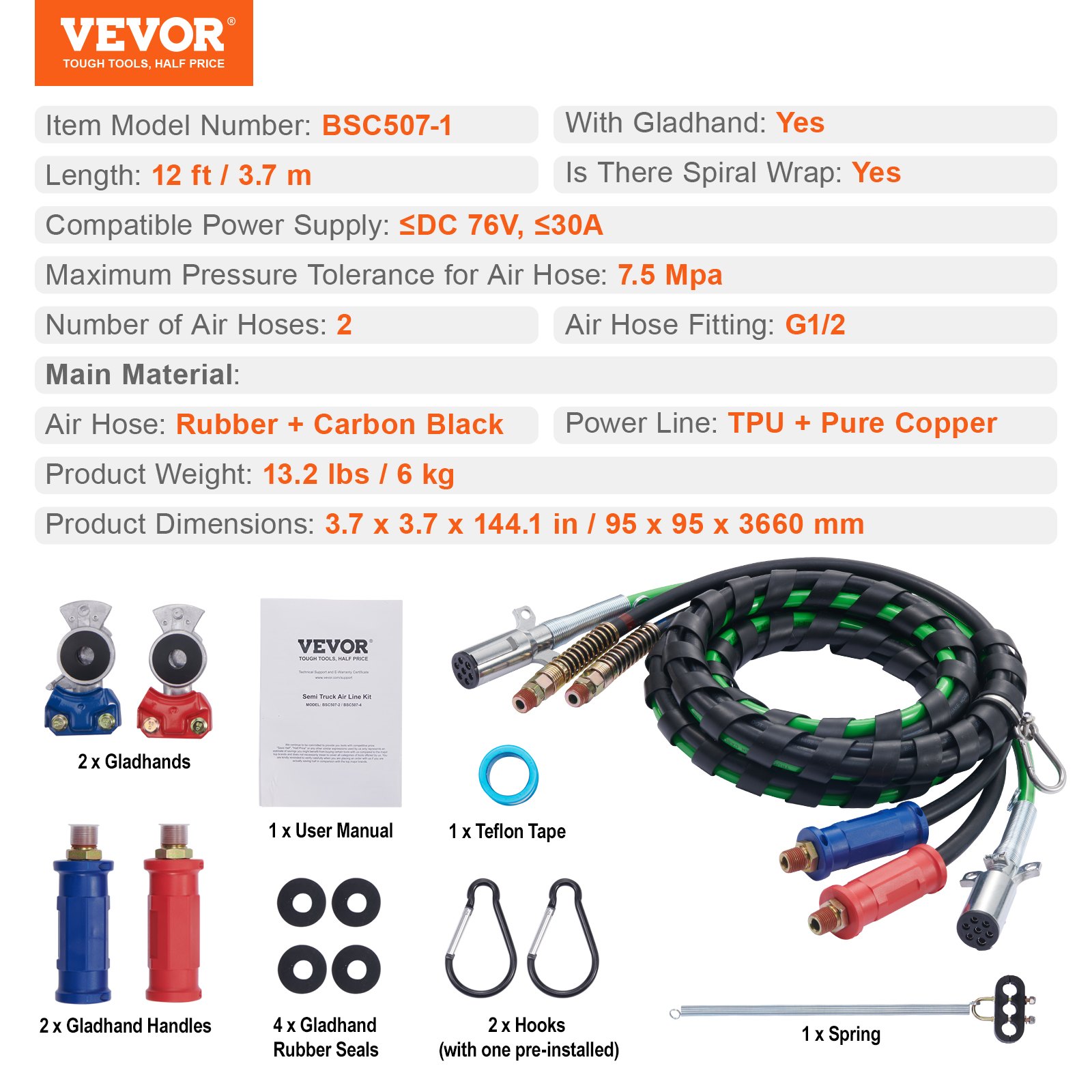 VEVOR 12FT 3-in-1 Air Line Kit Semi-Truck 2 Glad-Hand Handles