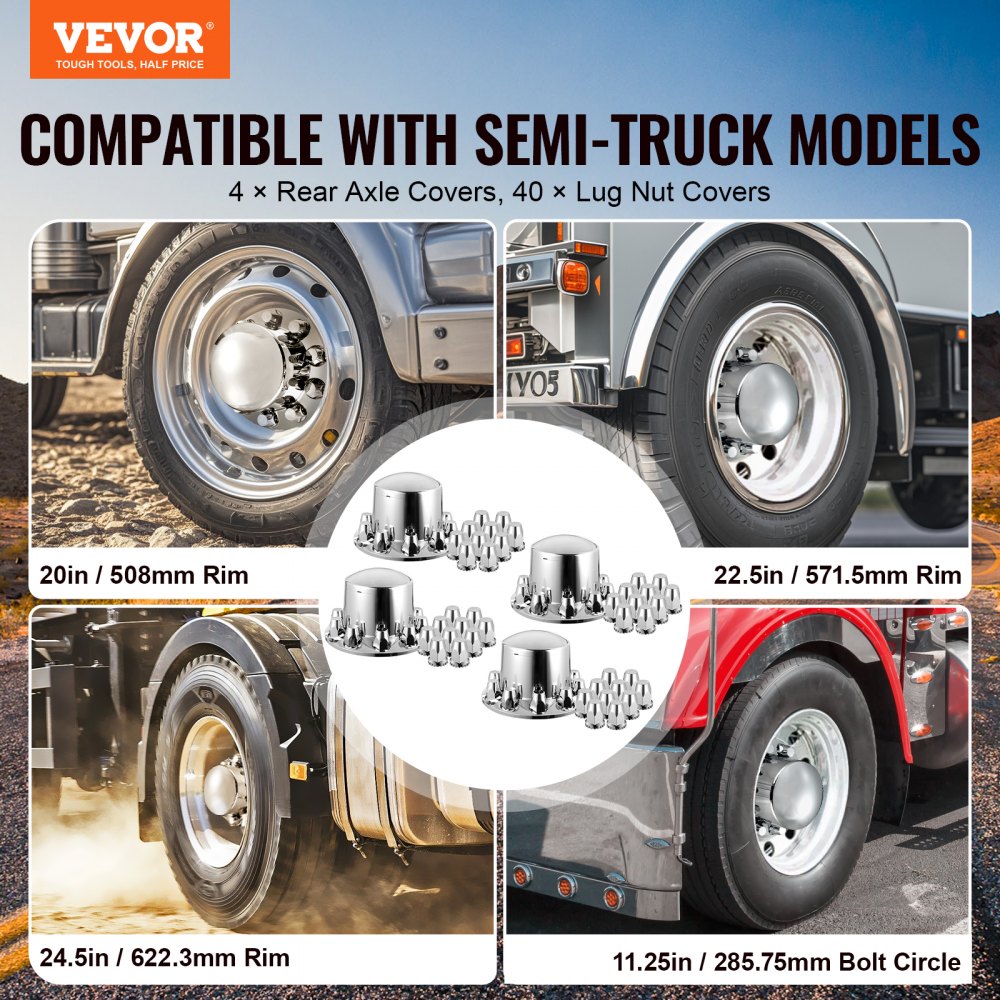 VEVOR Wheel Covers for the Rear Axle, Domed Axle Cover for Semi-Trucks, Galvanized ABS Wheel Nut Covers, 4-Piece Complete Axle Cover Combo Set, Bright Silver, Car Decoration