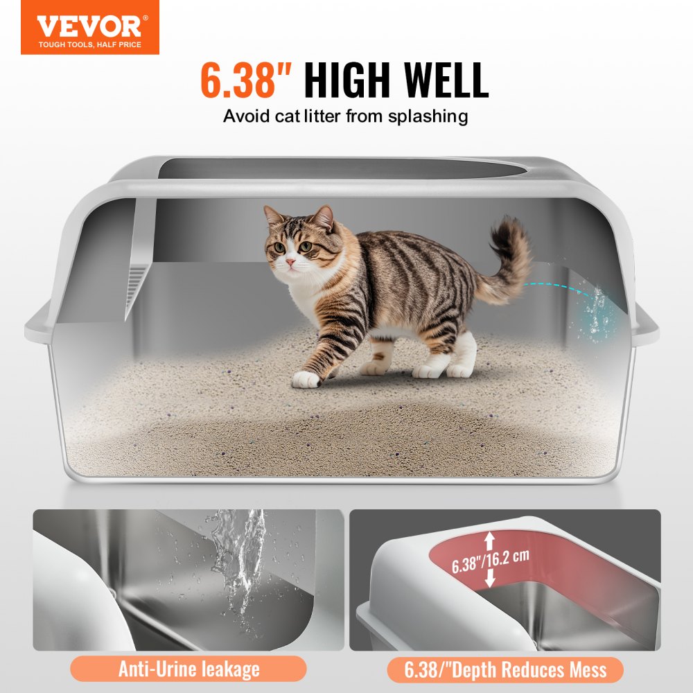VEVOR Cat Litter Box, 6 inch deep, XL extra-large stainless steel cat litter box with scoop, wide filter base and high sides, enclosed, odor-free, easy-to-clean litter box, suitable for large cats