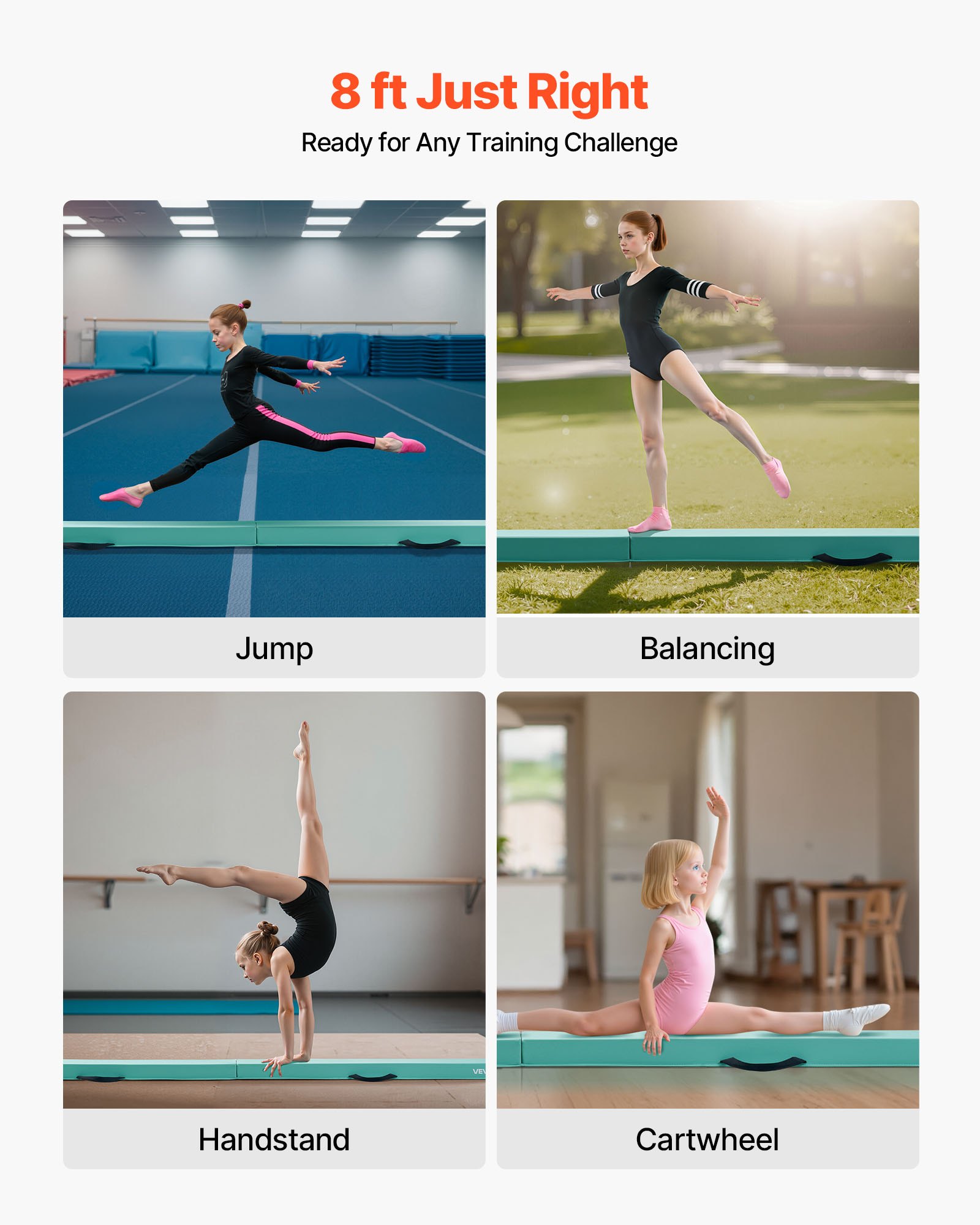 VEVOR Schwebebalken Gymnastik Kinder klappbar 2,35 m, 90,7 kg belastbarer Gymnastikbalken mit rutschfesten Unterseiten, Balance Balken Balancierbalken mit Tragetasche für Fitnessstudio, Mintgrün