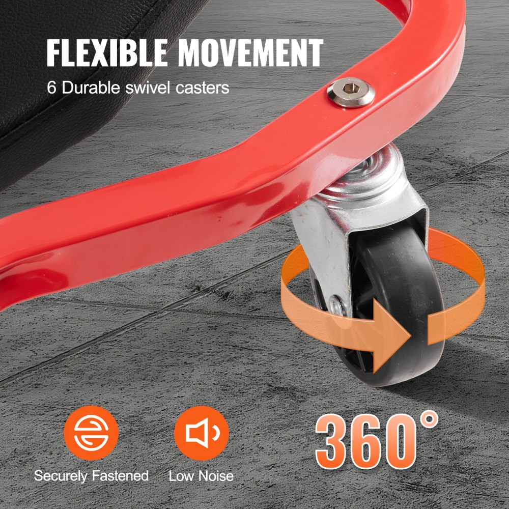 VEVOR Rollbrett für Mechaniker, 1118 mm, 136,1 kg Tragkraft, Rollbrett für Kraftfahrzeuge mit 6 Lenkrollen, verstellbarer, gepolsterter Kopfstütze, Werkzeugablage, robuster Stahlrahmen für Garagen, Reparaturwerkstätten und Heimwerker