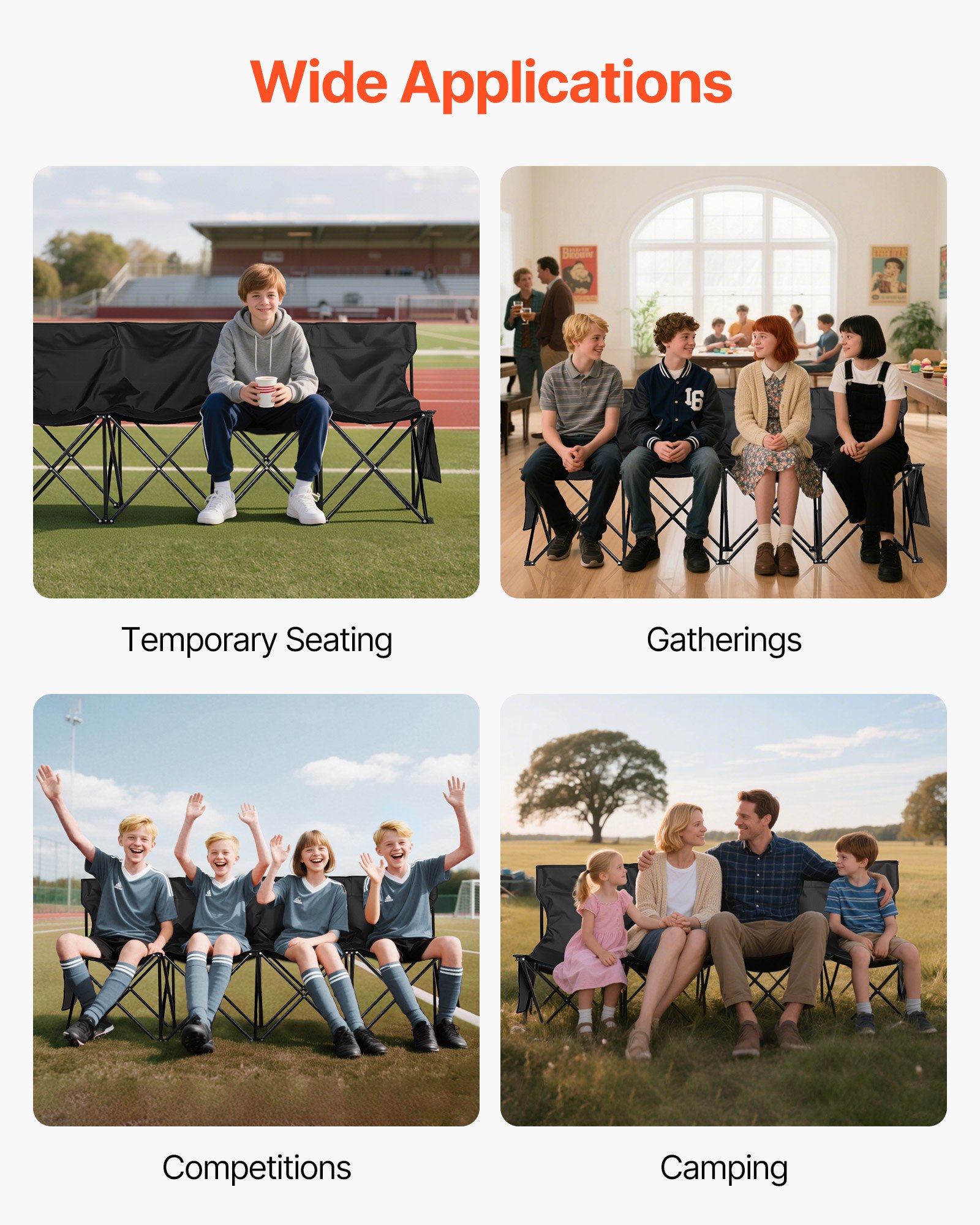 VEVOR tragbare Klappbank Campingbank Sitzbank (4 Personen) mit Seitentaschen & Tragetasche, Mannschaftsbank mit Rückenlehne Seitenbank für Fußball Baseball Camping Outdoor-Aktivitäten Schwarz