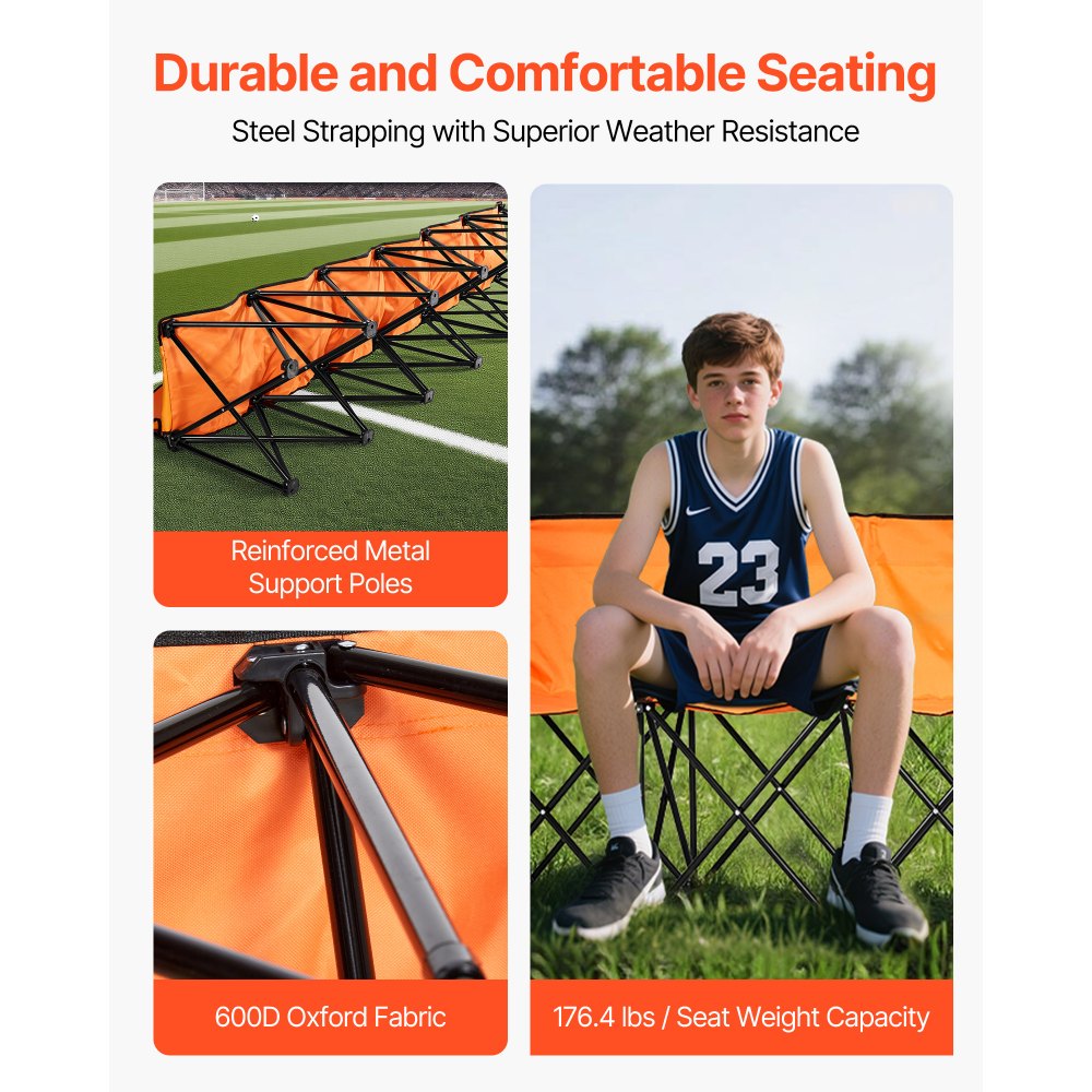 VEVOR tragbare Mannschaftsbank Sitzbank Campingbank (6 Personen) mit Seitentaschen & Tragetasche, Klappbank mit Rückenlehne, Seitenbank Sportbank für Fußball Baseball Outdoor-Aktivitäten Orange