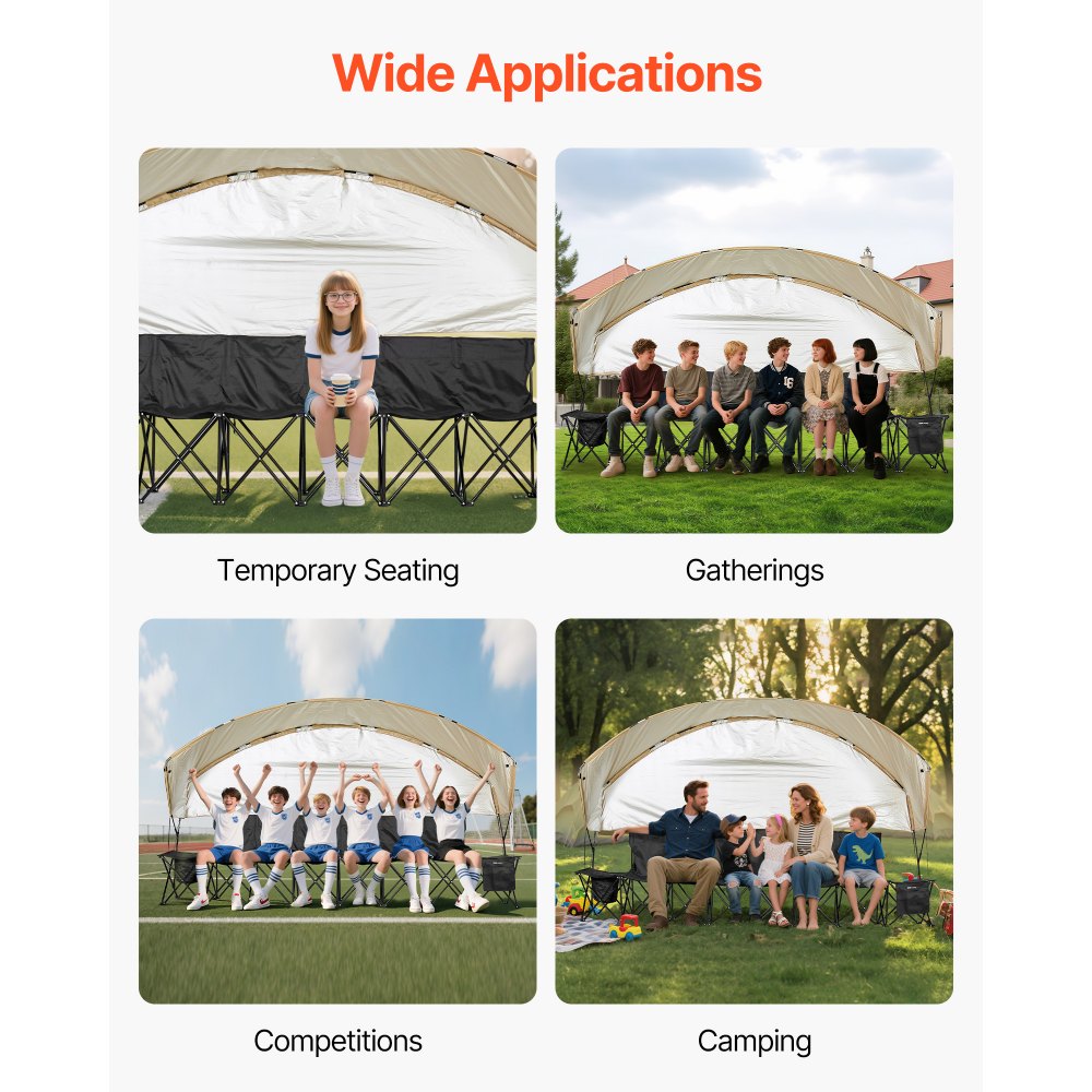 VEVOR tragbare Mannschaftsbank Sitzbank Campingbank (6 Personen) mit Seitentaschen & Tragetasche & Sonnenschutzdach, Klappbank mit Rückenlehne, Seitenbank für Fußball Baseball Outdoor Schwarz