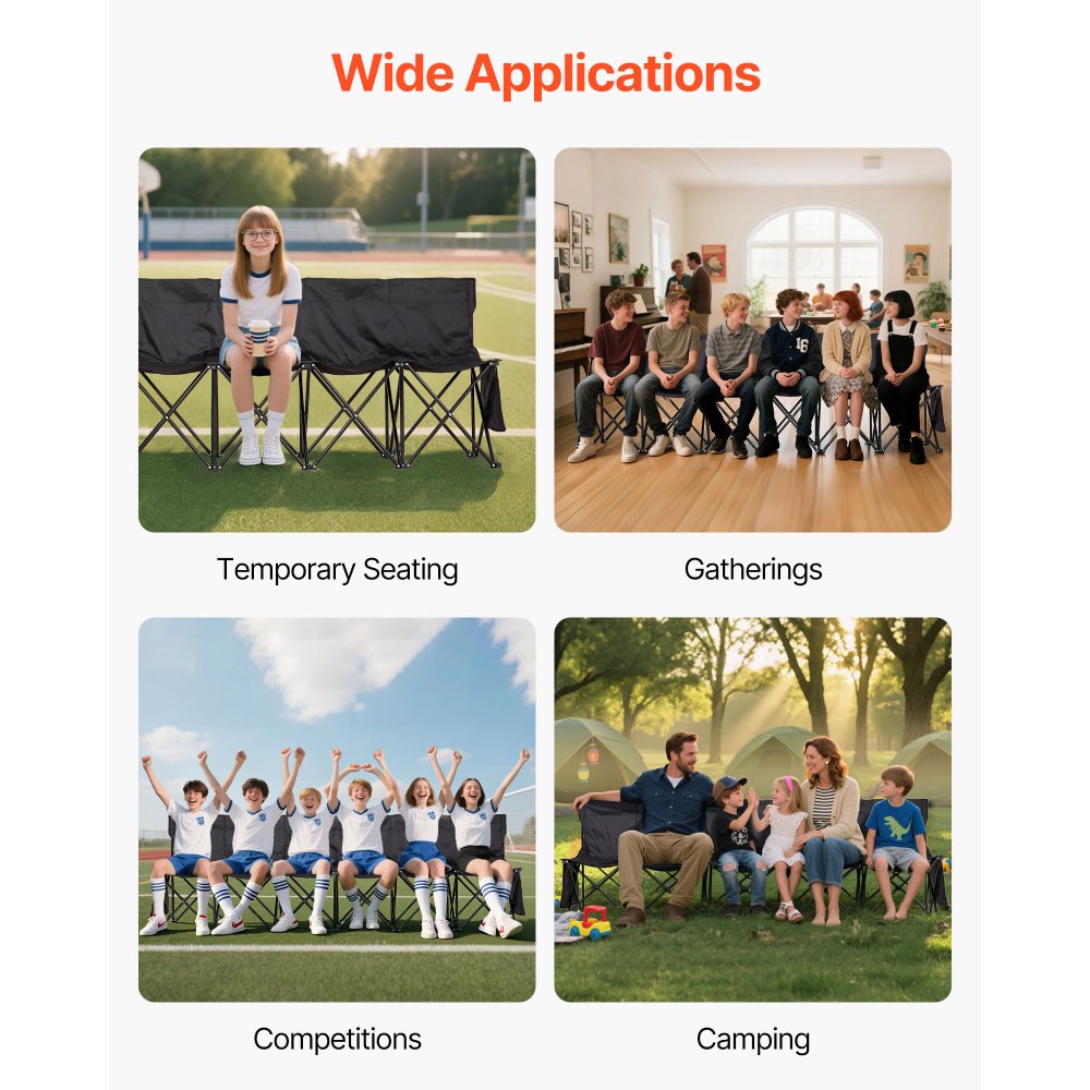 VEVOR tragbare Mannschaftsbank Sitzbank Campingbank (6 Personen) mit Seitentaschen & Tragetasche & Rückentasche, Klappbank mit Rückenlehne, Seitenbank für Fußball Baseball Outdoor Schwarz