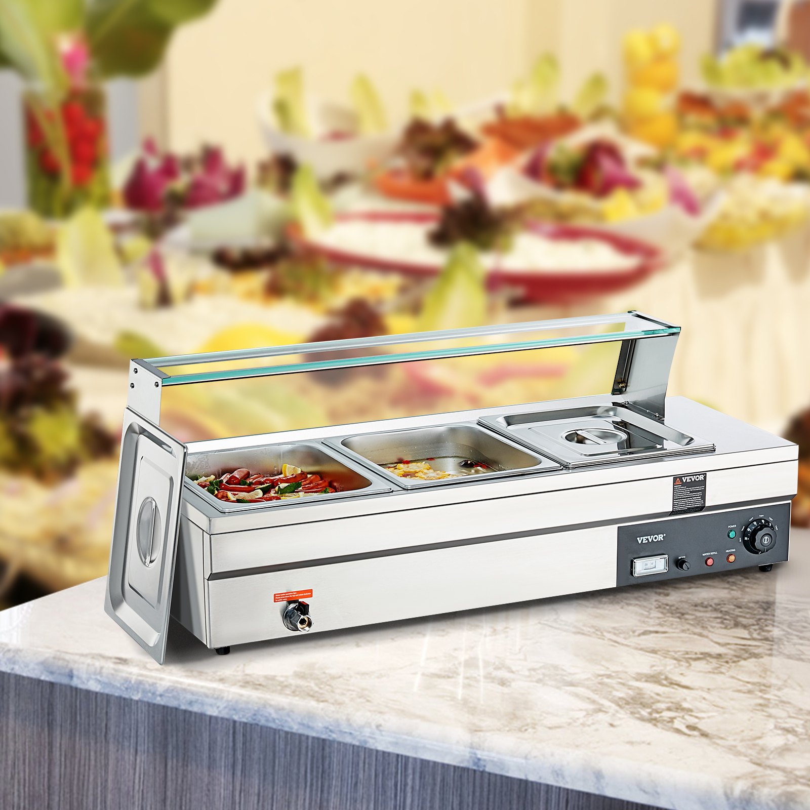 VEVOR Edelstahl Buffetwärmer Speisewärmer 1500 W, 3 x 13,2 L Buffetbehälter, 265 x 325 x 150 mm Jede Heizplatte Verwendbar, inkl. Glasdeckel & Ablaufhahn & Trockenbrennanzeige, für Kantine, Café usw.