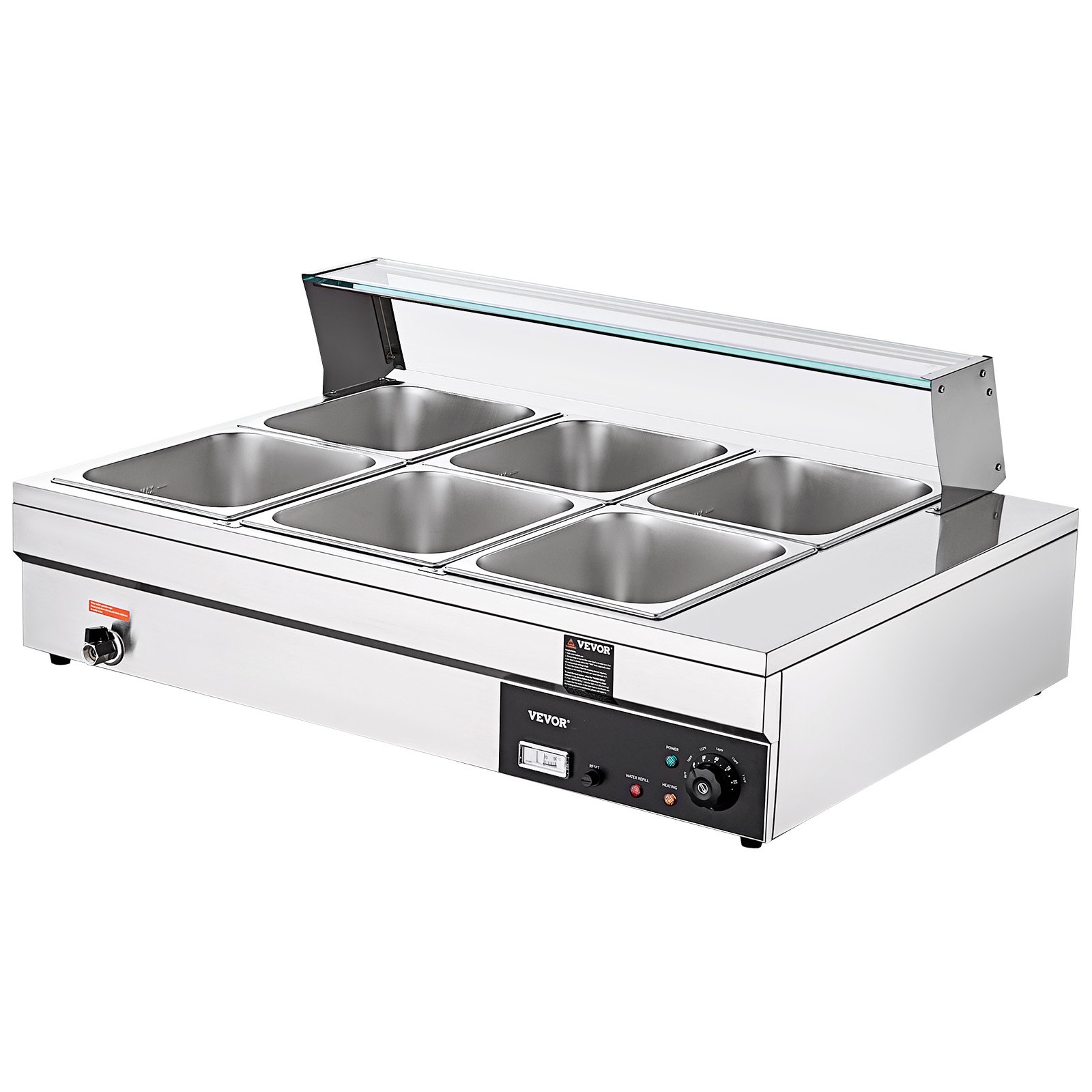 VEVOR Edelstahl Buffetwärmer Speisewärmer 1500 W, 6 x 13,2 L Buffetbehälter, 265 x 325 x 150 mm Jede Heizplatte Verwendbar, inkl. Glasdeckel & Ablaufhahn & Trockenbrennanzeige, für Kantine, Café usw.