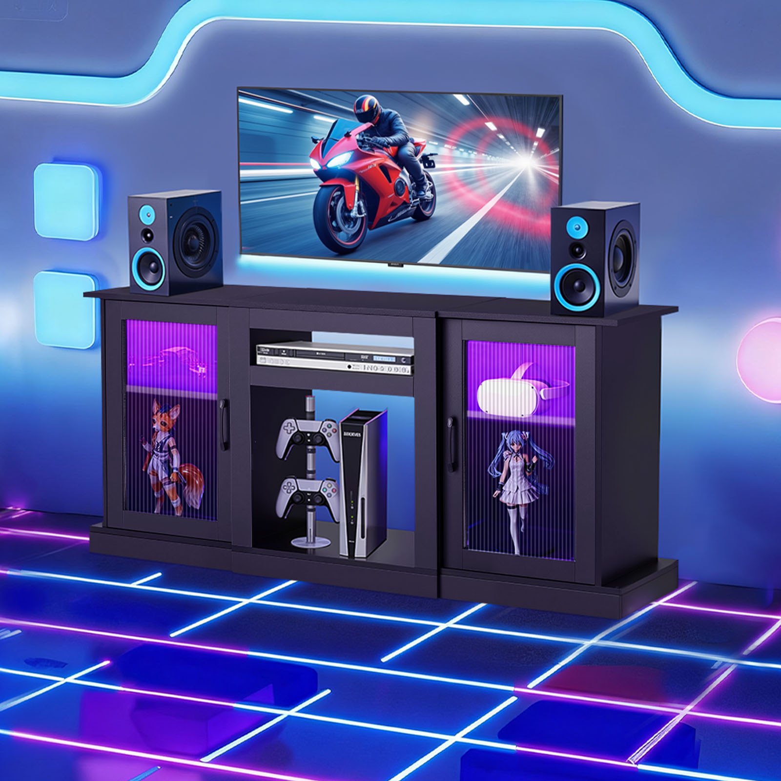 VEVOR TV-Ständer für Fernseher bis zu 65 Zoll, TV Tisch mit Lichtleiste, TV-Schrank aus Holz mit Türen & verstellbaren Regalen, Konsolentisch Fernsehschrank für Wohnzimmer Schlafzimmer, Schwarz