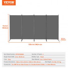 VEVOR Raumteiler Paravent Trennwand 3464mm 4 Paneele Büro Sichtschutz Grau