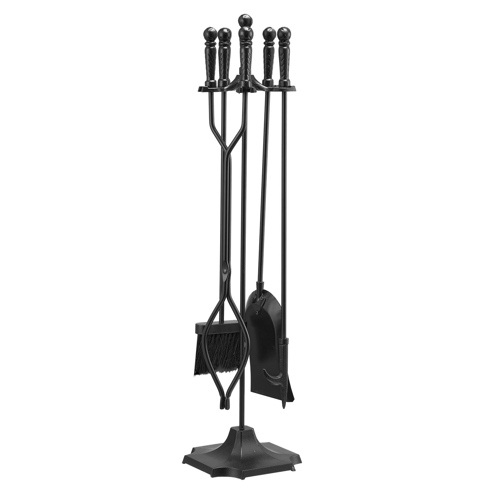 VEVOR Kaminbesteck-Set, 5-tlg. Ofenbesteck-Set, fünfzackiger Ständer, Zange, Ascheschaufel, Bürste, Schürhaken, Kaminzubehör aus Schmiedeeisen für Lagerfeuer drinnen/draußen, Schwarz