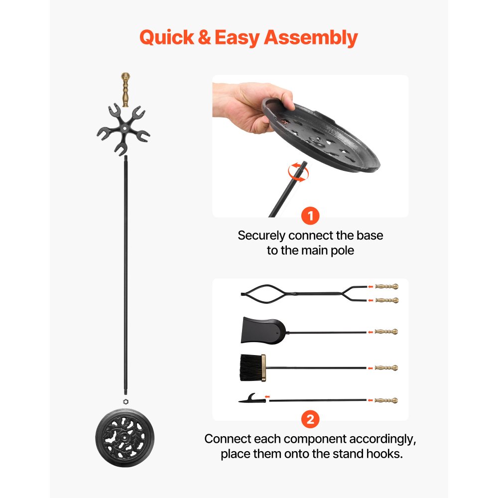 VEVOR Fireplace Tool Set, 5 PCS Fire Tool Set and Holder with Five-Prong Stand, Tongs, Ash Shovel, Brush, Fire Place Poker, Wrought Iron Fireplace Accessories for Indoor/Outdoor, Black & Brass