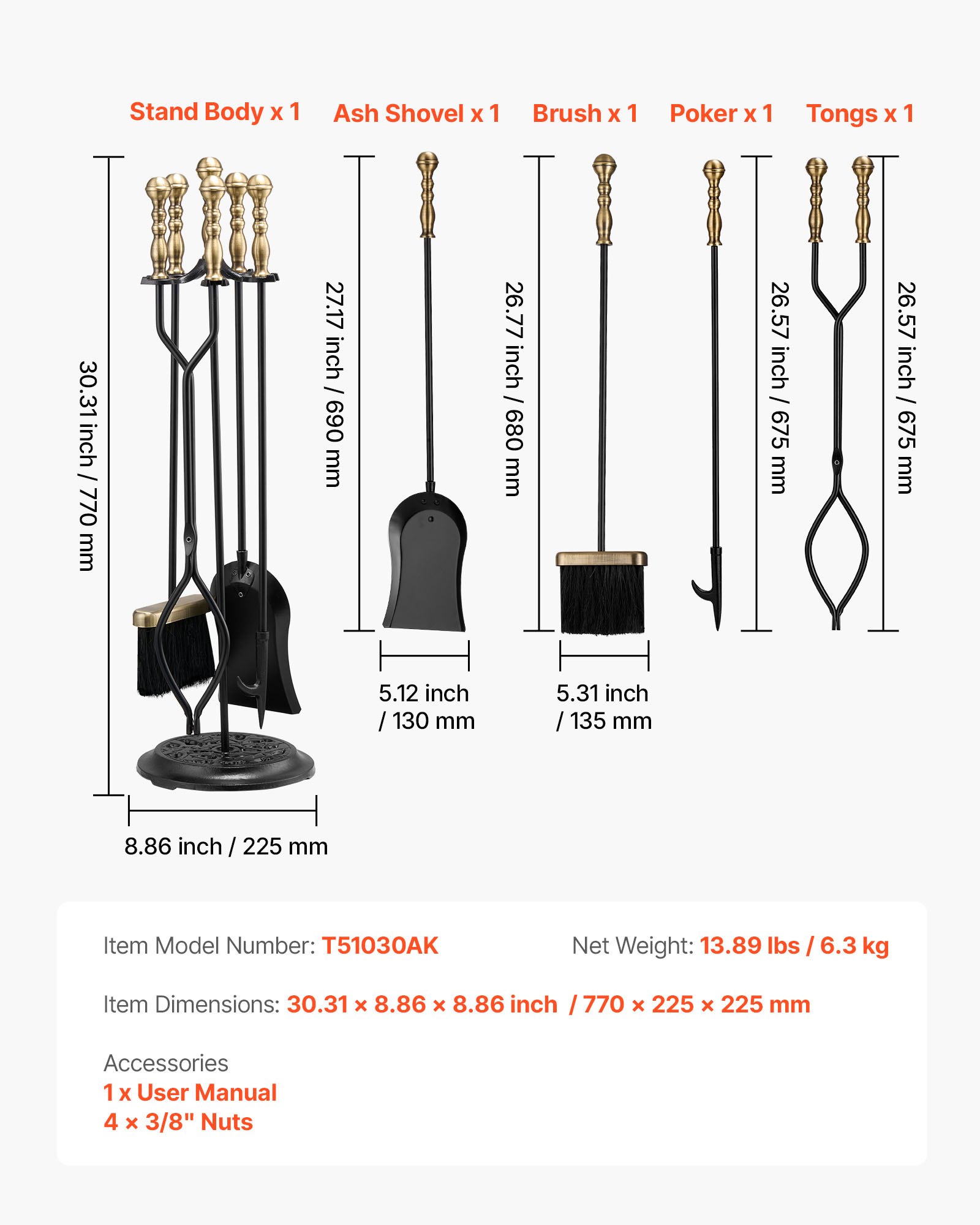 VEVOR Kaminbesteck-Set, 5-teiliges Ofenbesteck-Set, fünfzackiger Ständer, Zange, Ascheschaufel, Bürste, Schürhaken, Kaminzubehör aus Schmiedeeisen für drinnen und draußen, Schwarz und Messing