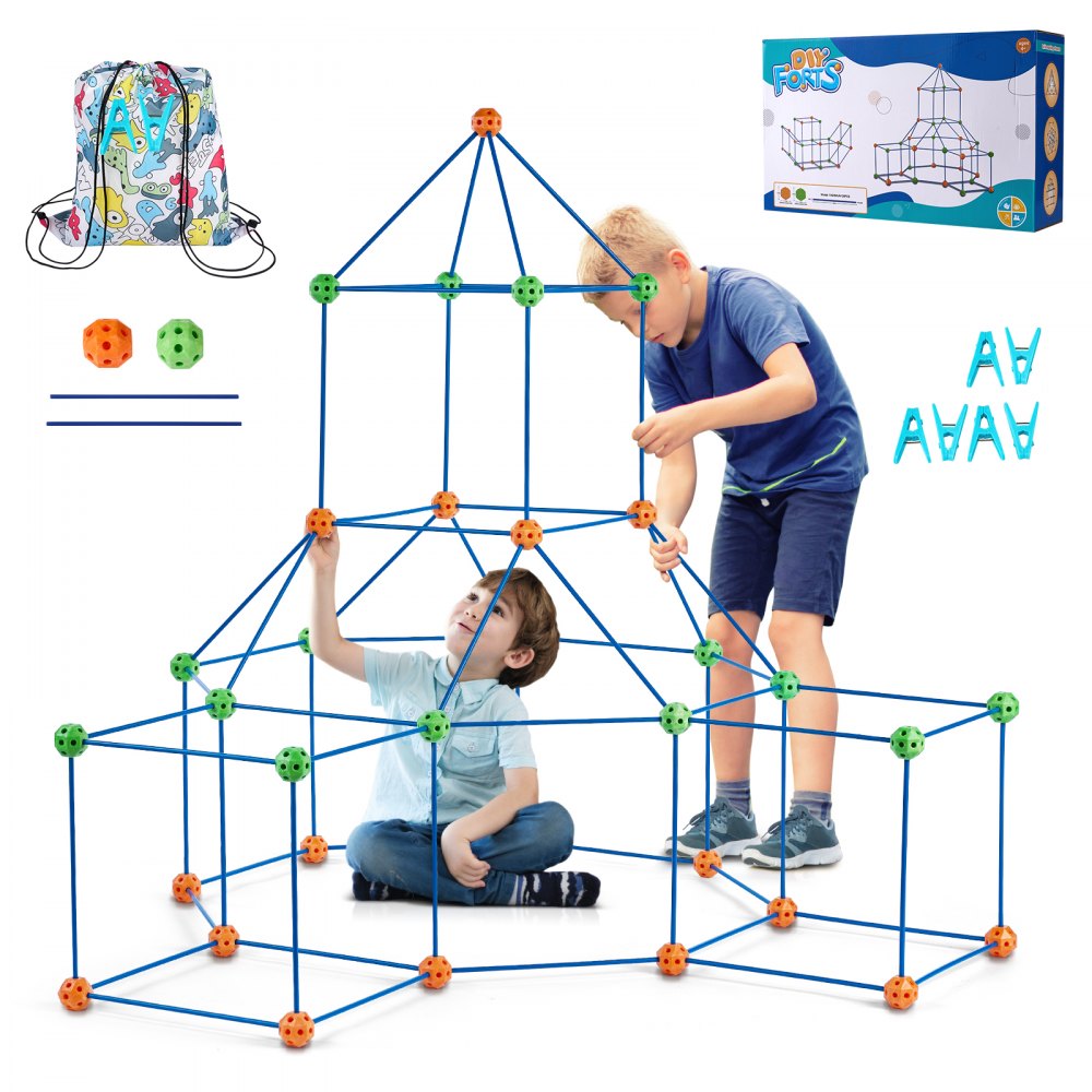 Kinder bauen mit dem Zeltfestungsbausatz von VEVOR, mit bunten Stangen, Verbindungsstücken und Designideen auf der Schachtel.