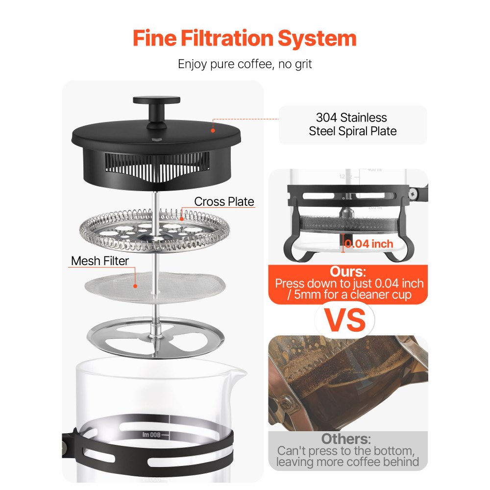 VEVOR French Press Kaffeemaschine, 1 L Kaffeepresse aus Borosilikatglas Teebereiter mit Edelstahlfilter, Kaffeebereiter für Camping Reisen Küche Restaurant, Kaffeezubereiter Schwarz