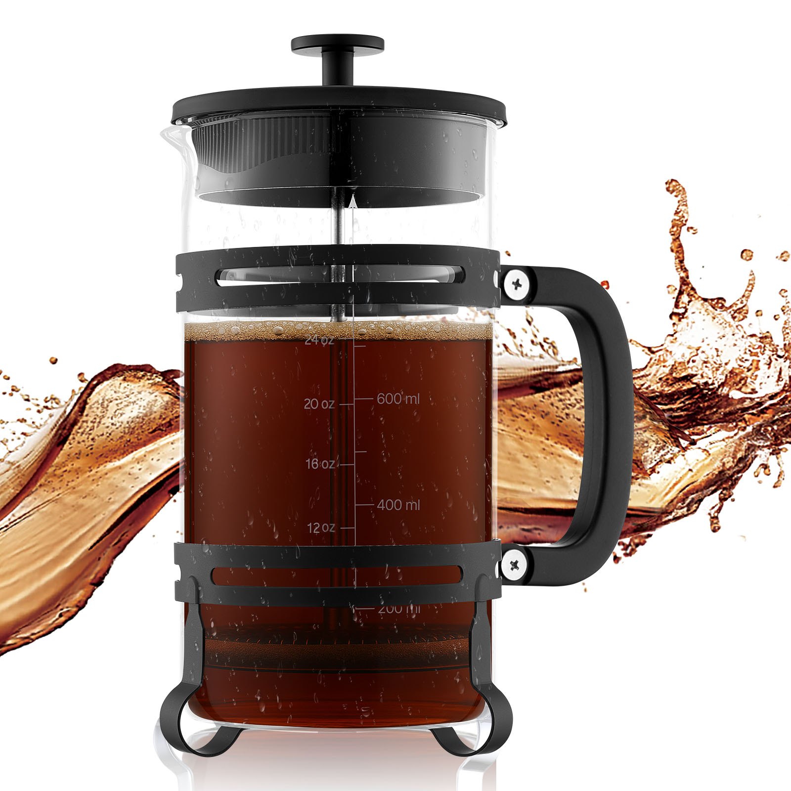 VEVOR French Press Kaffeemaschine, 1 L Kaffeepresse aus Borosilikatglas Teebereiter mit Edelstahlfilter, Kaffeebereiter für Camping Reisen Küche Restaurant, Kaffeezubereiter Schwarz