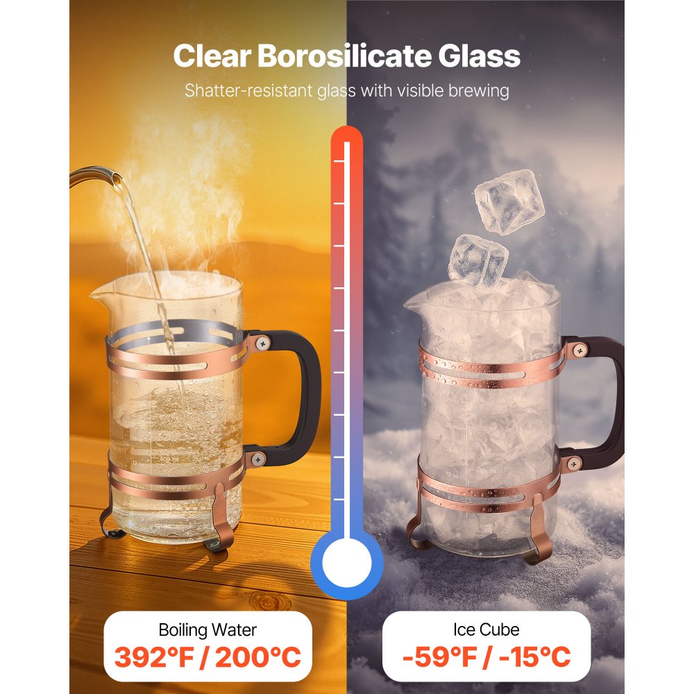 VEVOR French Press Coffee Maker, 1 Liter Borosilicate Glass Coffee Press Tea Maker with Stainless Steel Filter, Large Glass French Presses Cold Brew for Camping Travel Home Kitchen, Copper