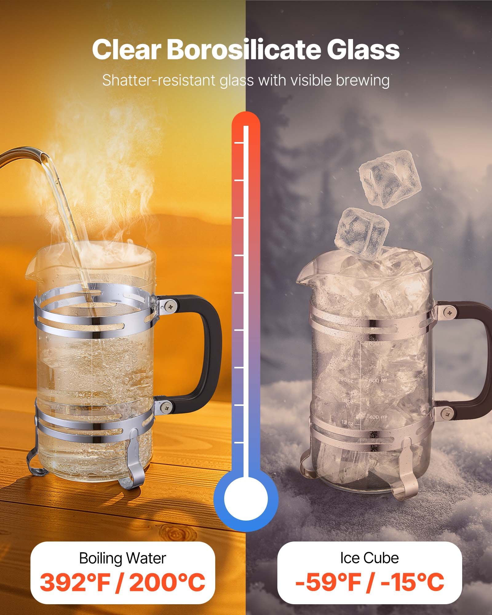 VEVOR French Press Kaffeemaschine, 1 L Kaffeepresse aus Borosilikatglas Teebereiter mit Edelstahlfilter, Kaffeebereiter für Camping Reisen Küche Restaurant, Kaffeezubereiter Silber