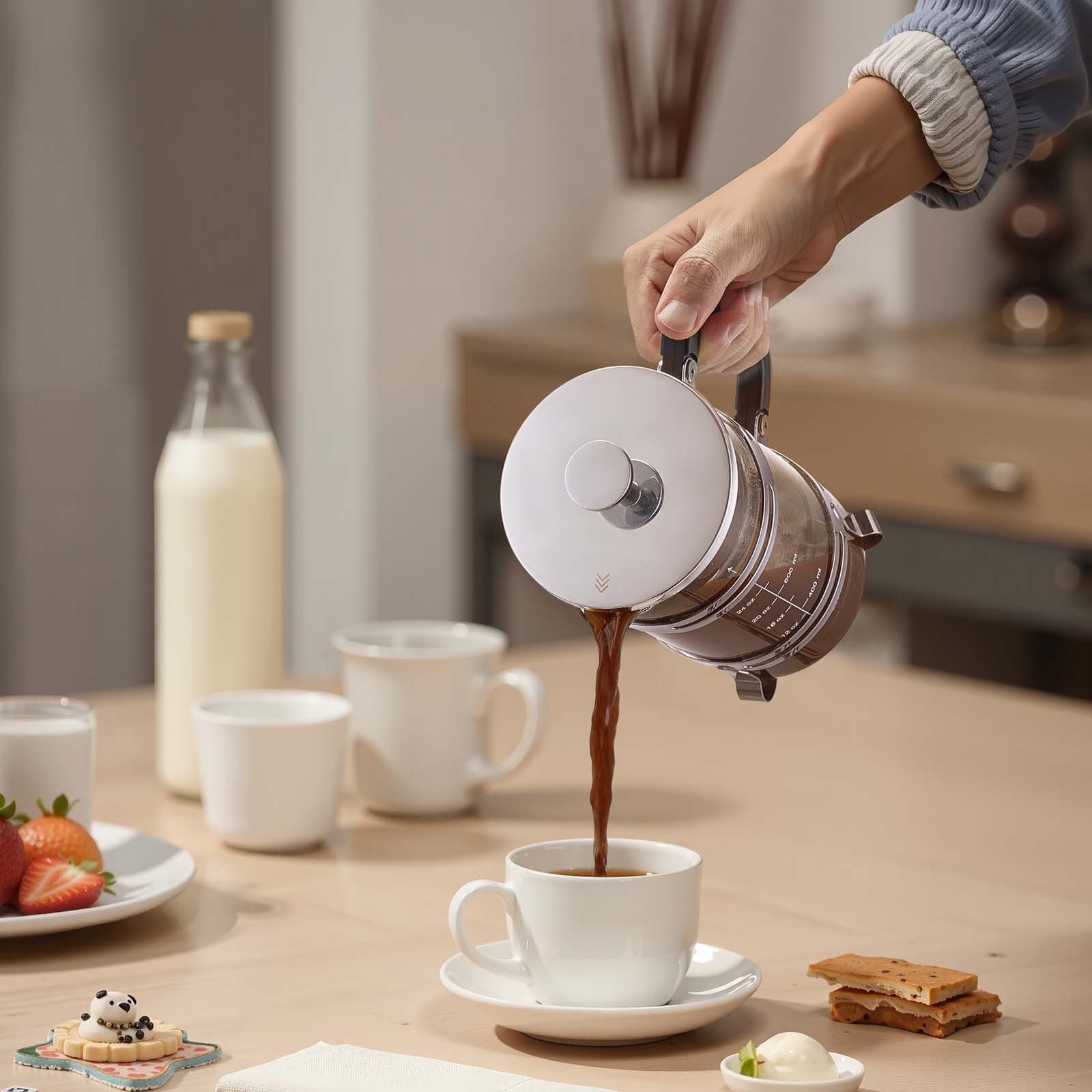 VEVOR French Press Kaffeemaschine, 1 L Kaffeepresse aus Borosilikatglas Teebereiter mit Edelstahlfilter, Kaffeebereiter für Camping Reisen Küche Restaurant, Kaffeezubereiter Silber