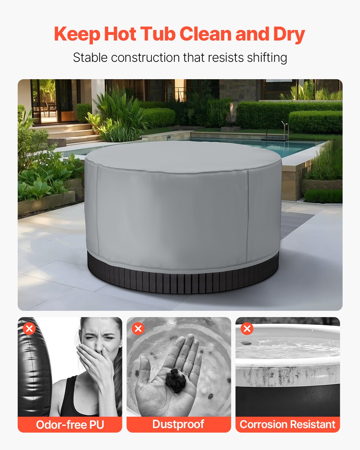 VEVOR Abdeckung für Whirlpool (2000 x 2000 x 850 mm) wetterfest & wasserdicht, Spa-Abdeckung Staubschutzabdeckung aus Oxford-Gewebe & mit 950 N Reißfestigkeit, Staubdicht für Badewannen Grau Rund