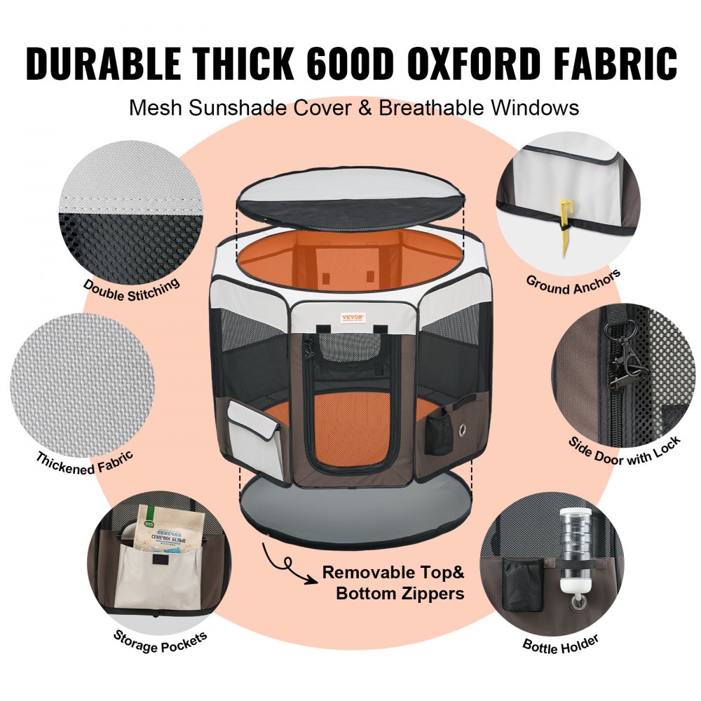 VEVOR Foldable Puppy Playpen 914 x 914 x 584 mm Puppy Run Pet Playpen 13 x 5 cm Folding Bowl Dog Playpen 600D Oxford Fabric Dog Playpen Outdoor Enclosure for Small & Medium-Sized Pets