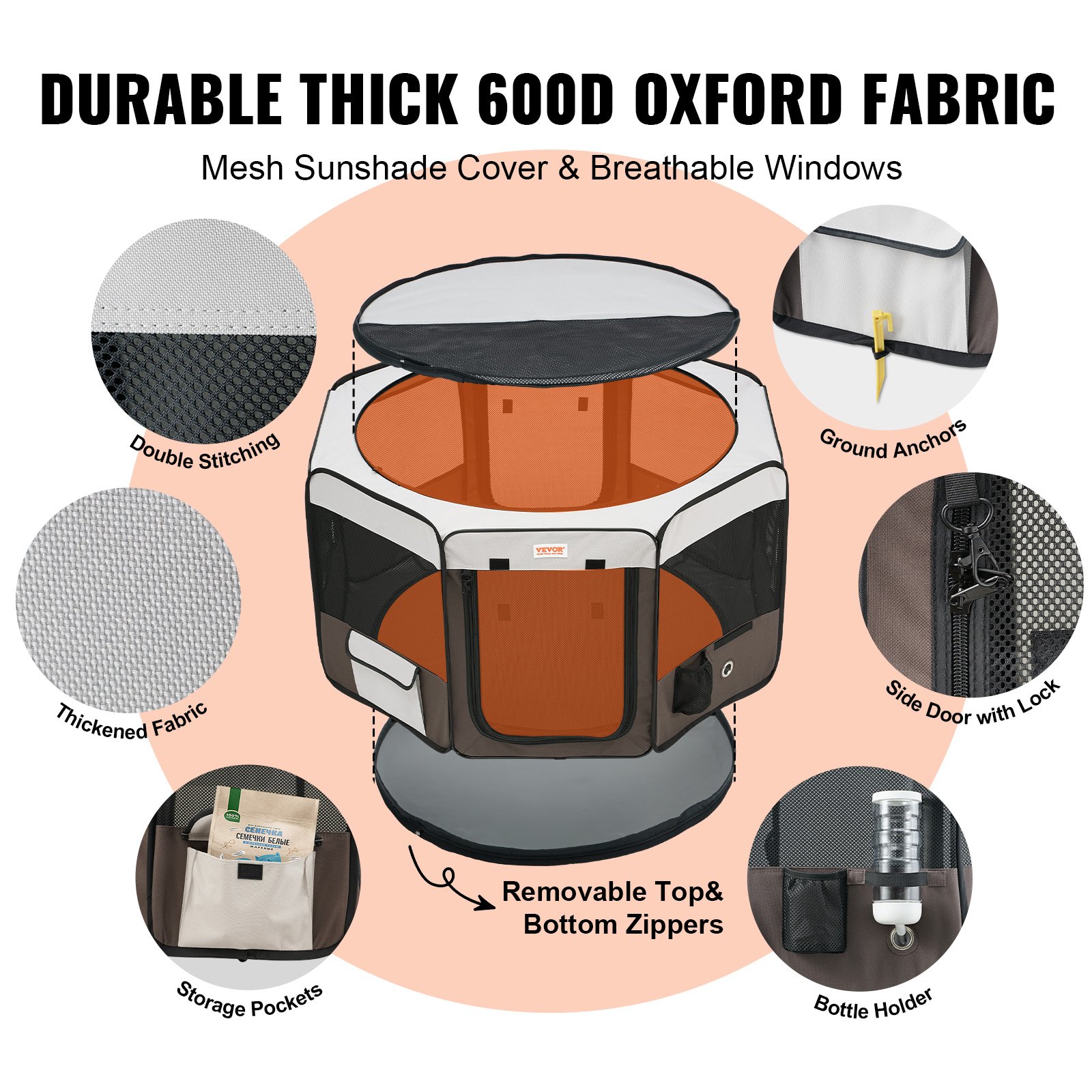 VEVOR Welpenlaufstall aus 600D Oxford-Gewebe Welpenauslauf 1168 x 1168 x 584 mm Tierlaufstall mit 8 Netzpaneelen Laufstall faltbar Freilaufgehege Ideal für Hunde Hasen Katzen usw.