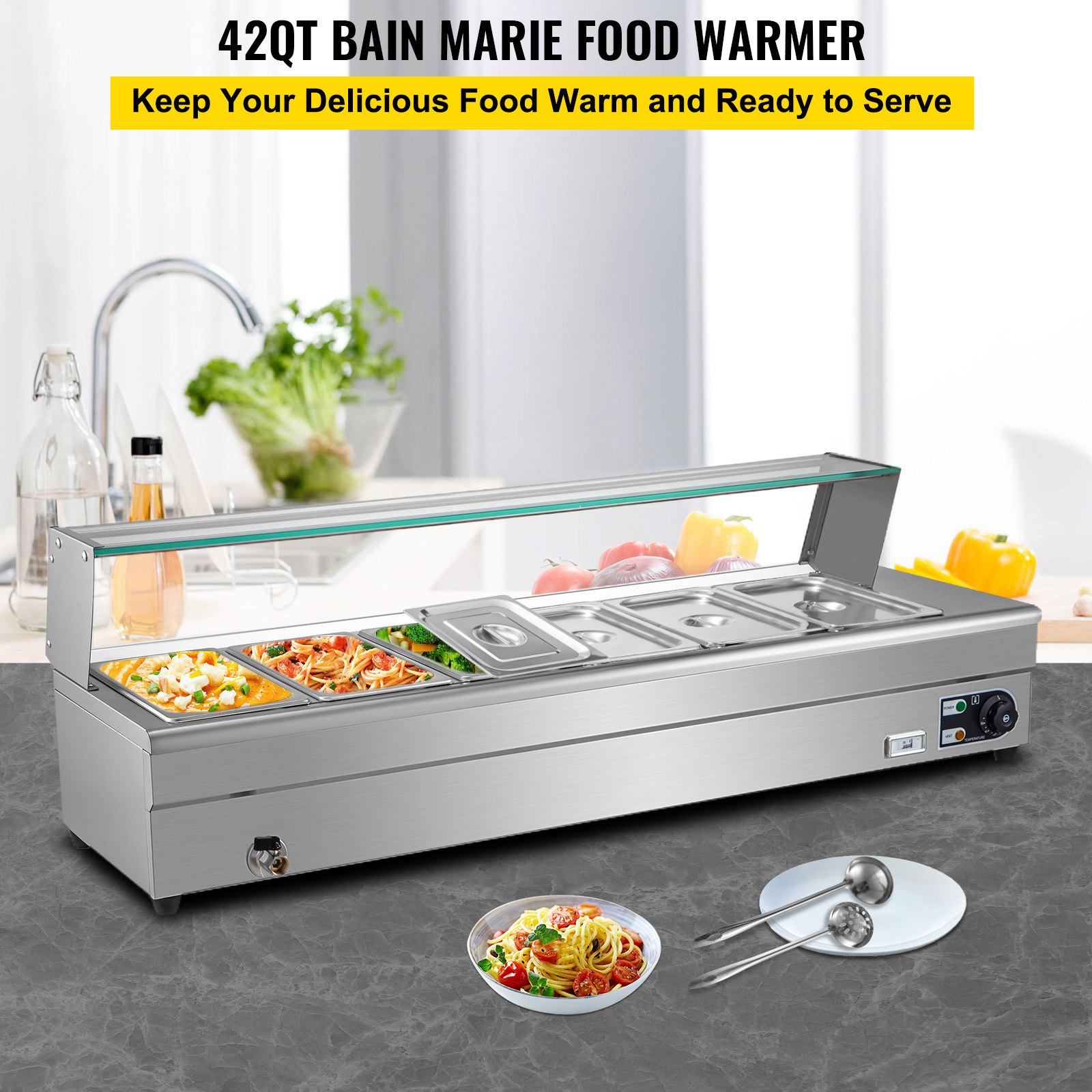 VEVOR Gastronomie Behälter Edelstahl 1500 Watt Speisenwärmer 6 Pfanne Wärmebehälter für Essen Chafing Dish Warmhaltebehälter Edelstahlkörper mit Glasabdeckung Warmhaltebox Tischwärmer