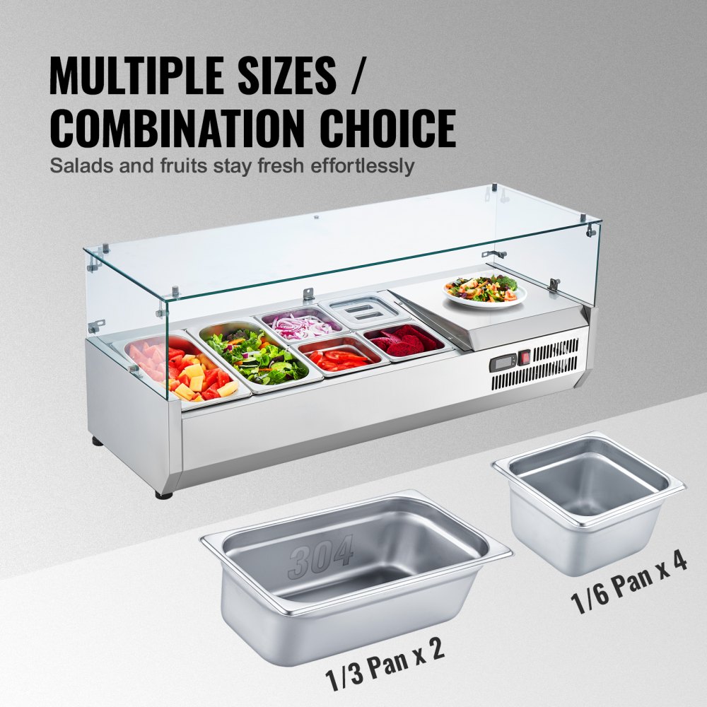 VEVOR Gekühlte Gewürzstation für die Arbeitsplatte, Zubereitungsstation mit 2 x 1/3 Pfanne & 6 x 1/6 Pfannen, Korpus aus Edelstahl 304 und Deckel aus PC, Sandwich-Zubereitungstisch Glasschützer