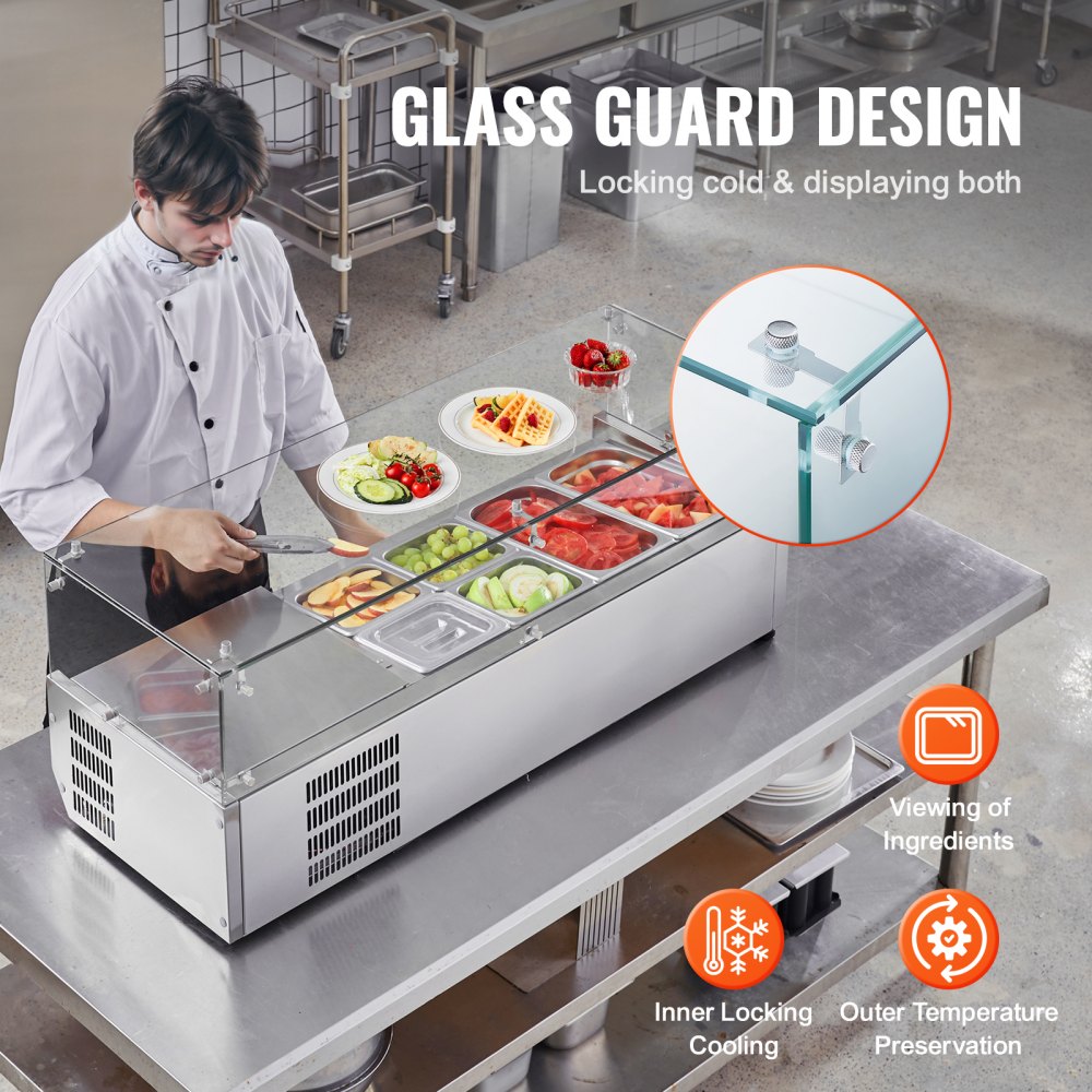VEVOR Gekühlte Gewürzstation für die Arbeitsplatte, Zubereitungsstation mit 2 x 1/3 Pfanne & 6 x 1/6 Pfannen, Korpus aus Edelstahl 304 und Deckel aus PC, Sandwich-Zubereitungstisch Glasschützer