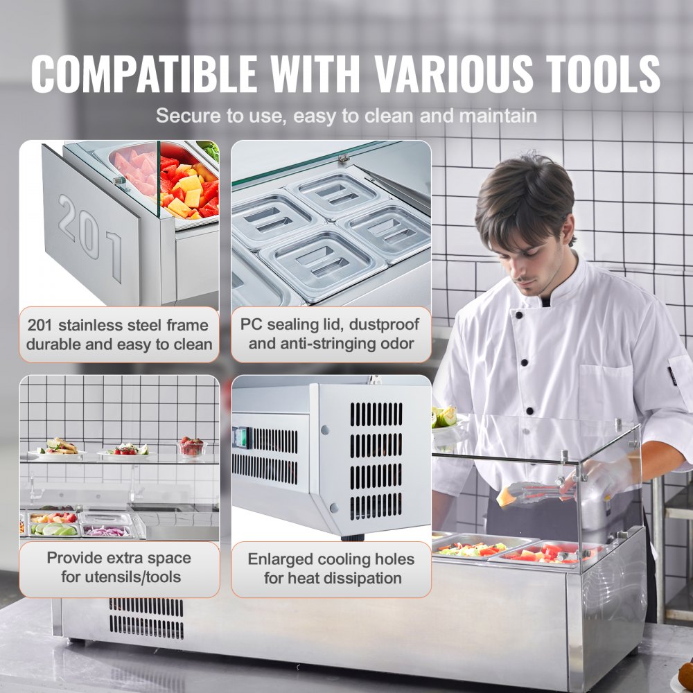 VEVOR Gekühlte Gewürzstation für die Arbeitsplatte, Zubereitungsstation mit 2 x 1/3 Pfanne & 6 x 1/6 Pfannen, Korpus aus Edelstahl 304 und Deckel aus PC, Sandwich-Zubereitungstisch Glasschützer