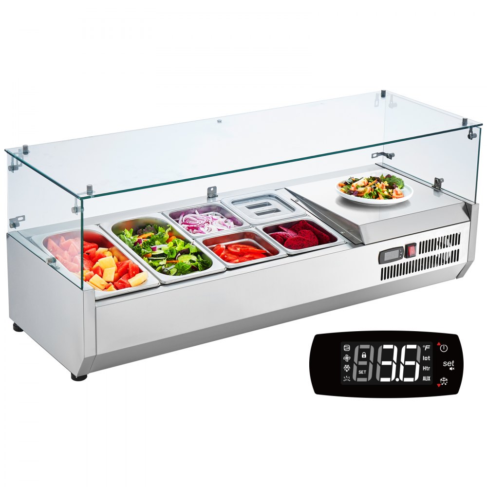 VEVOR Gekühlte Gewürzstation für die Arbeitsplatte, Zubereitungsstation mit 2 x 1/3 Pfanne & 6 x 1/6 Pfannen, Korpus aus Edelstahl 304 und Deckel aus PC, Sandwich-Zubereitungstisch Glasschützer