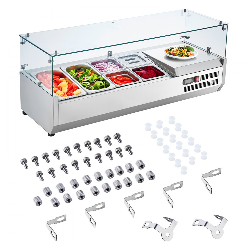 VEVOR Gekühlte Gewürzstation für die Arbeitsplatte, Zubereitungsstation mit 2 x 1/3 Pfanne & 6 x 1/6 Pfannen, Korpus aus Edelstahl 304 und Deckel aus PC, Sandwich-Zubereitungstisch Glasschützer