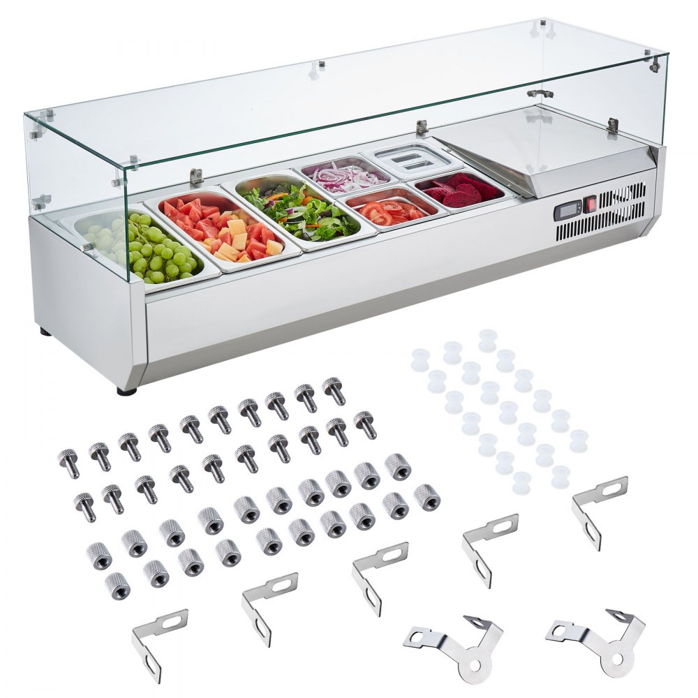 VEVOR Gekühlte Gewürzstation für die Arbeitsplatte, Zubereitungsstation mit 3 x 1/3 Pfanne & 4 x 1/6 Pfannen, Korpus aus Edelstahl 304 und Deckel aus PC, Sandwich-Zubereitungstisch Glasschützer