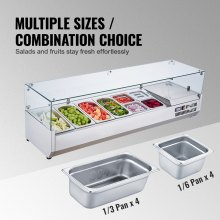 VEVOR Gekühlte Gewürzstation für die Arbeitsplatte, Zubereitungsstation mit 4 x 1/3 Pfanne & 4 x 1/6 Pfannen, Korpus aus Edelstahl 304 und Deckel aus PC, Sandwich-Zubereitungstisch Glasschützer 155 W