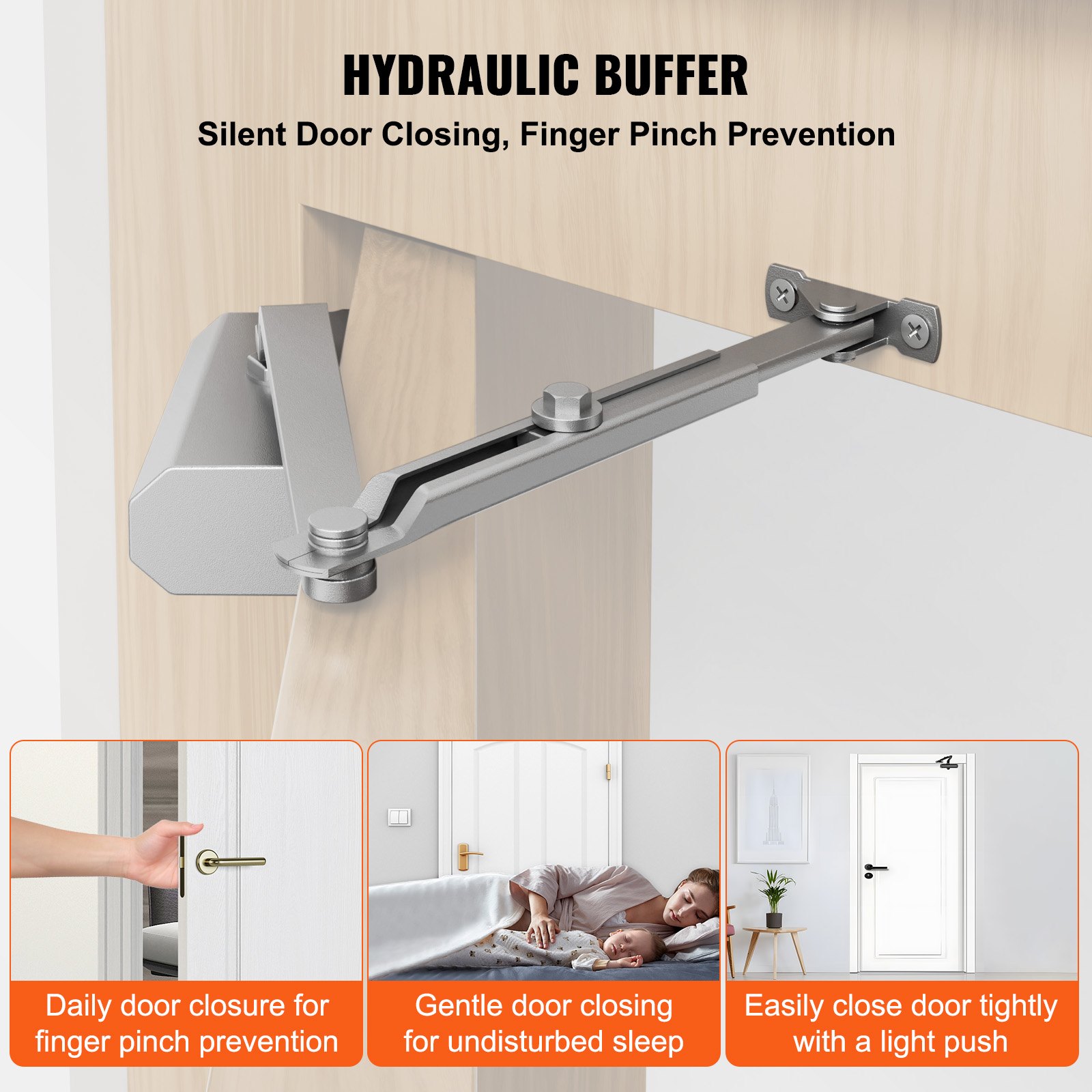 VEVOR door closer, automatic gate closer for commercial or private use, for door weights up to 68 kg, rod door closer with hydraulic buffer, die-cast aluminum housing, silver