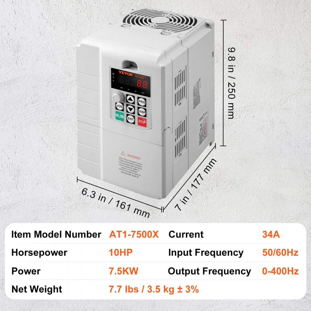 VEVOR frequency converter, frequency inverter, inverter, VFD, 7.5 kW, 34 A, 10 HP, 1-phase 220 V input to 3-phase 220 V output, for speed control of three-phase motors