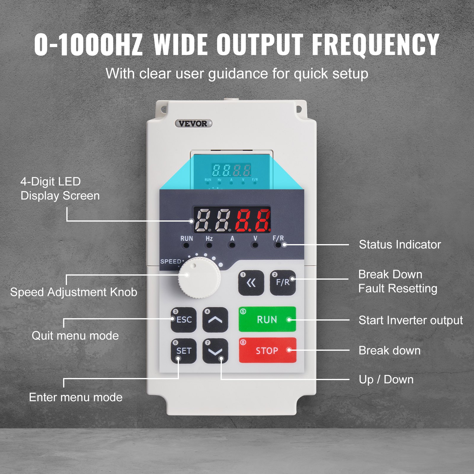 VEVOR VFD Frequenzumrichter 220 V, 4 kW 5,5 PS, VFD-Wandler, Variable Inverter, steuerbare Geschwindigkeit, Mehrfachschutz, Luftfeuchtigkeit 0-90 %, ABS-Material, Luftkühlungfunktion, Geräuscharm